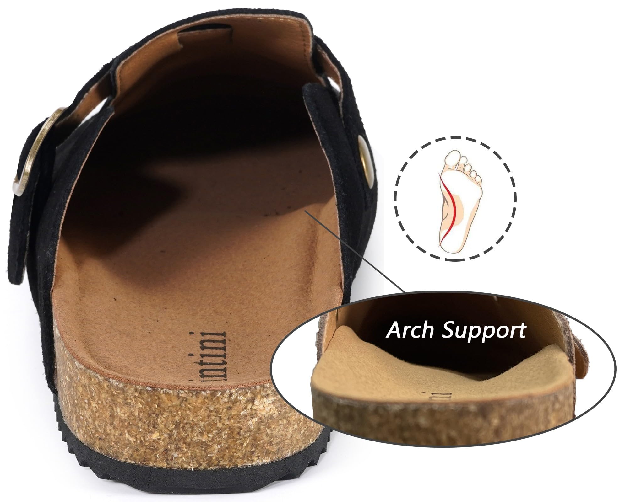 Genuine Suede Leather Clogs for Womens Mens Slip on Mules Antislip Cork Sandals with Arch Support Black