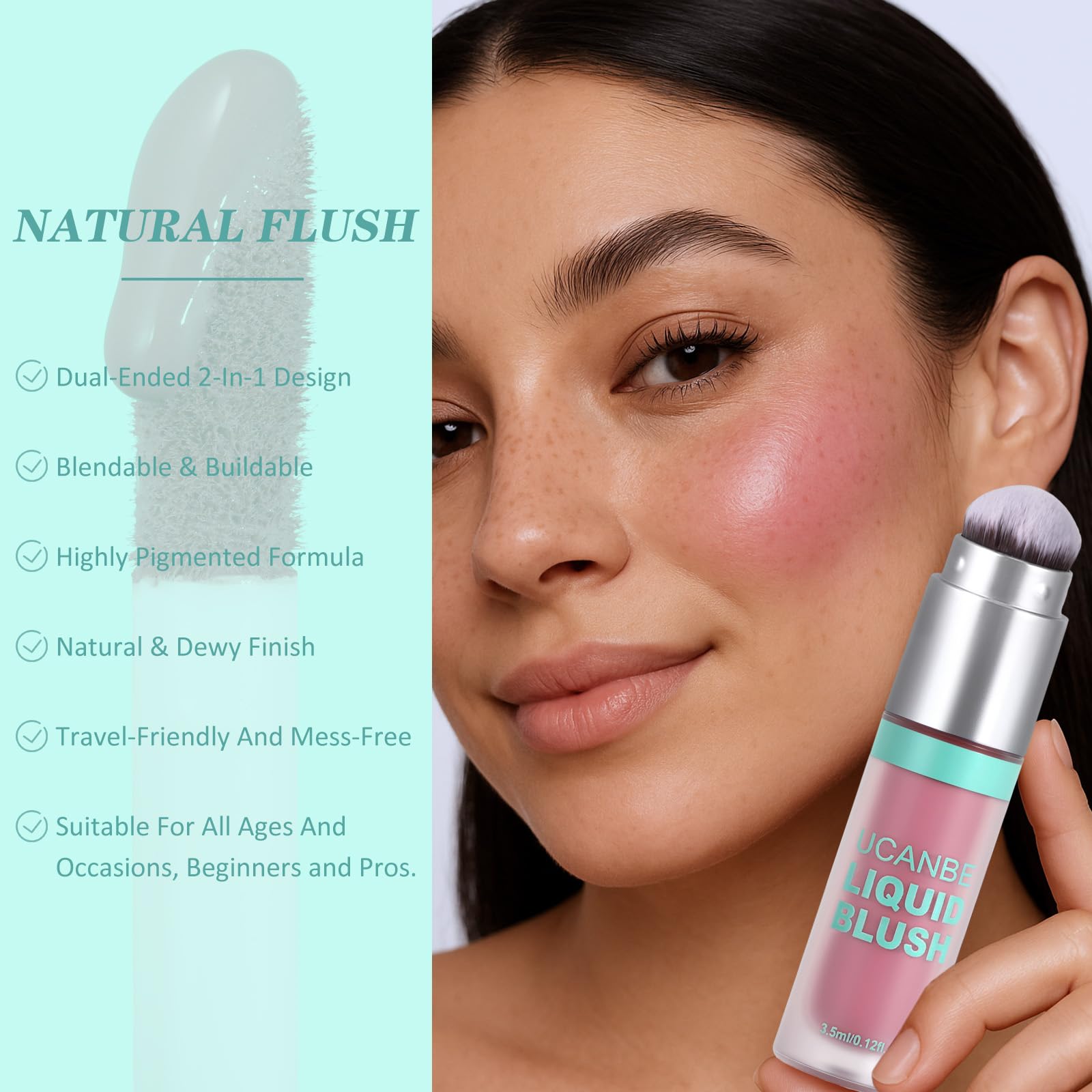 UCANBE Dual-Ended Liquid Blush with Angle Applicator & Built-In Brush, Seamless Buildable Blendable Lightweight Cheek Tint Makeup, Long Lasting Creates Dewy Natural Flush Finish - Serenade Pink