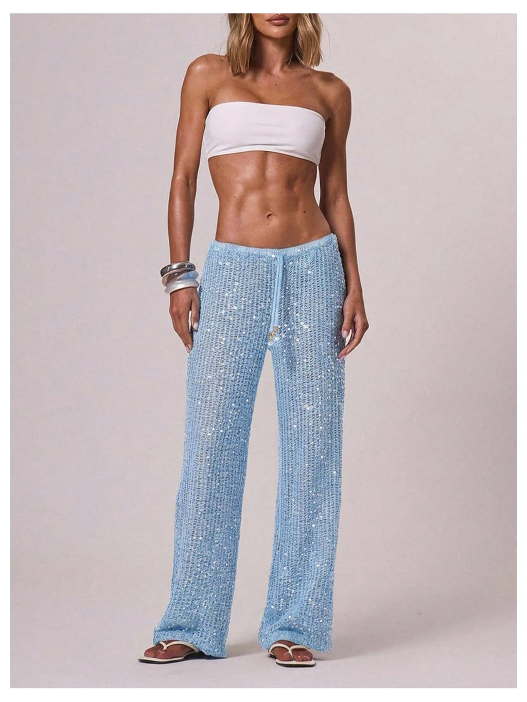 WDIRARA Women's Sequin Crochet Cover Up Pants Hollow Out Beach Pants Swimwear Light Blue Large
