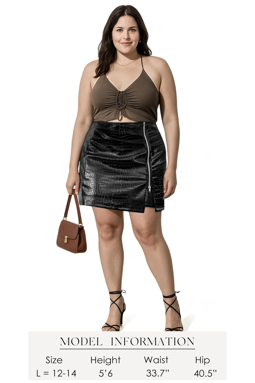 FLUFFY SENSE. Women's Leather Mini Skirt –Stretchy High Waisted Zipper Slit Faux Pleather Bodycon Short Pencil Skirt (US, Alpha, Large, Regular, Regular, Black Croc-Embossed)