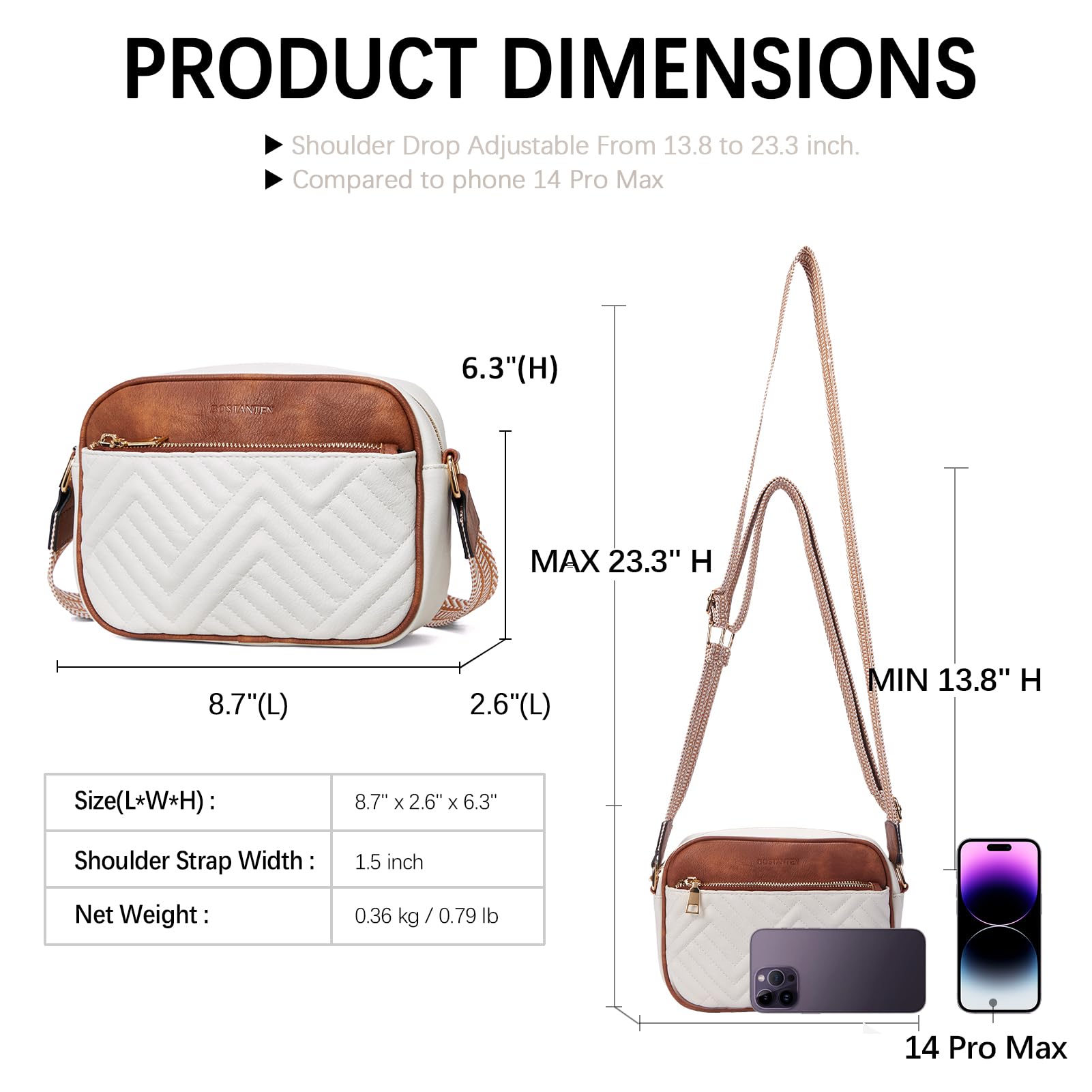 BOSTANTEN Quilted Crossbody Bags for Women Vegan Leather Purses Small Shoulder Handbags with Wide Strap Beige with Brown
