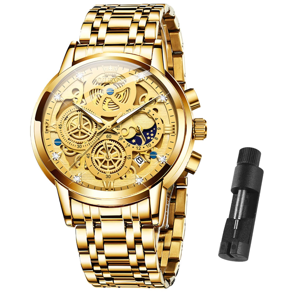 OLEVS Gold Watches for Men Stainless Steel Luxury Diamond Watch Chronograph Multifunction Business Mens Gold Watch with Date Mens Classic Dress Casual Watches Waterproof Sport reloj de hombre Gift for Men