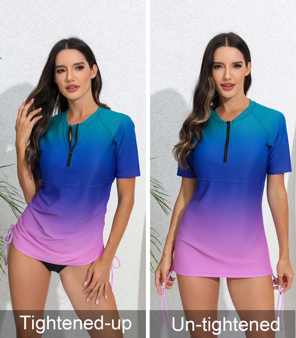 Halcurt Women's Short Sleeve Rash Guard Swim Shirt with Bra Half Zip Tie Drawstring UPF50+ Swimsuit Top Ombre Green Blue Purple S
