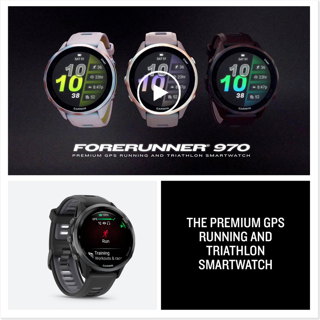 Garmin® Forerunner® 970, Premium GPS Running and Triathlon Smartwatch, AMOLED Display, Built-in LED Flashlight, Carbon Gray DLC Titanium with Black Case and Translucent Whitestone Band