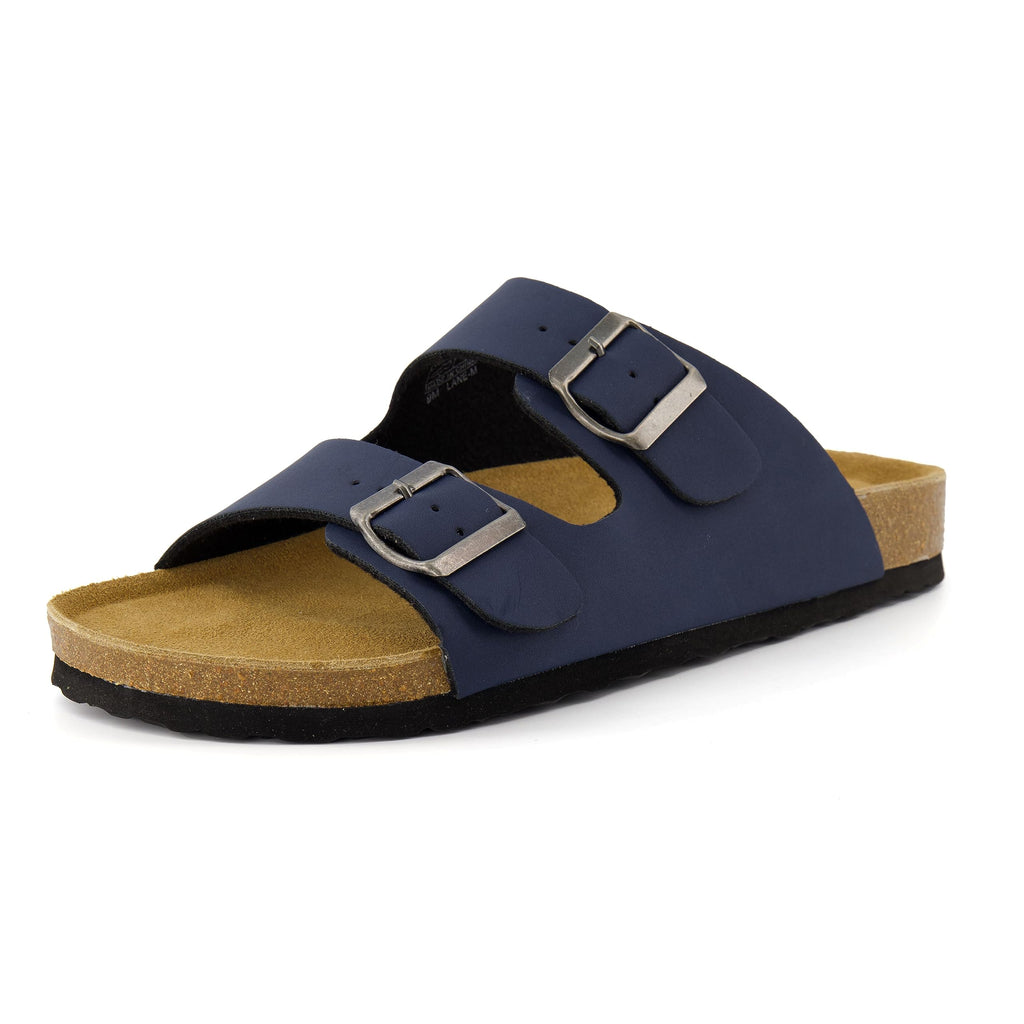 CUSHIONAIRE Lane Cork Footbed Mens Sandals, Adjustable Buckle Comfort Slides for Men, Genuine Leather Insole Summer Sandals Men Footwear, NAVY 8
