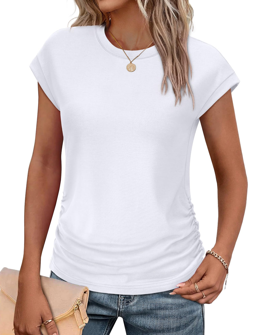 Tshirts Shirts for Women Cap Sleeve Summer Cute Tops Work Soft Basic Tees Scoop Neck Casual Loose Fit White XL