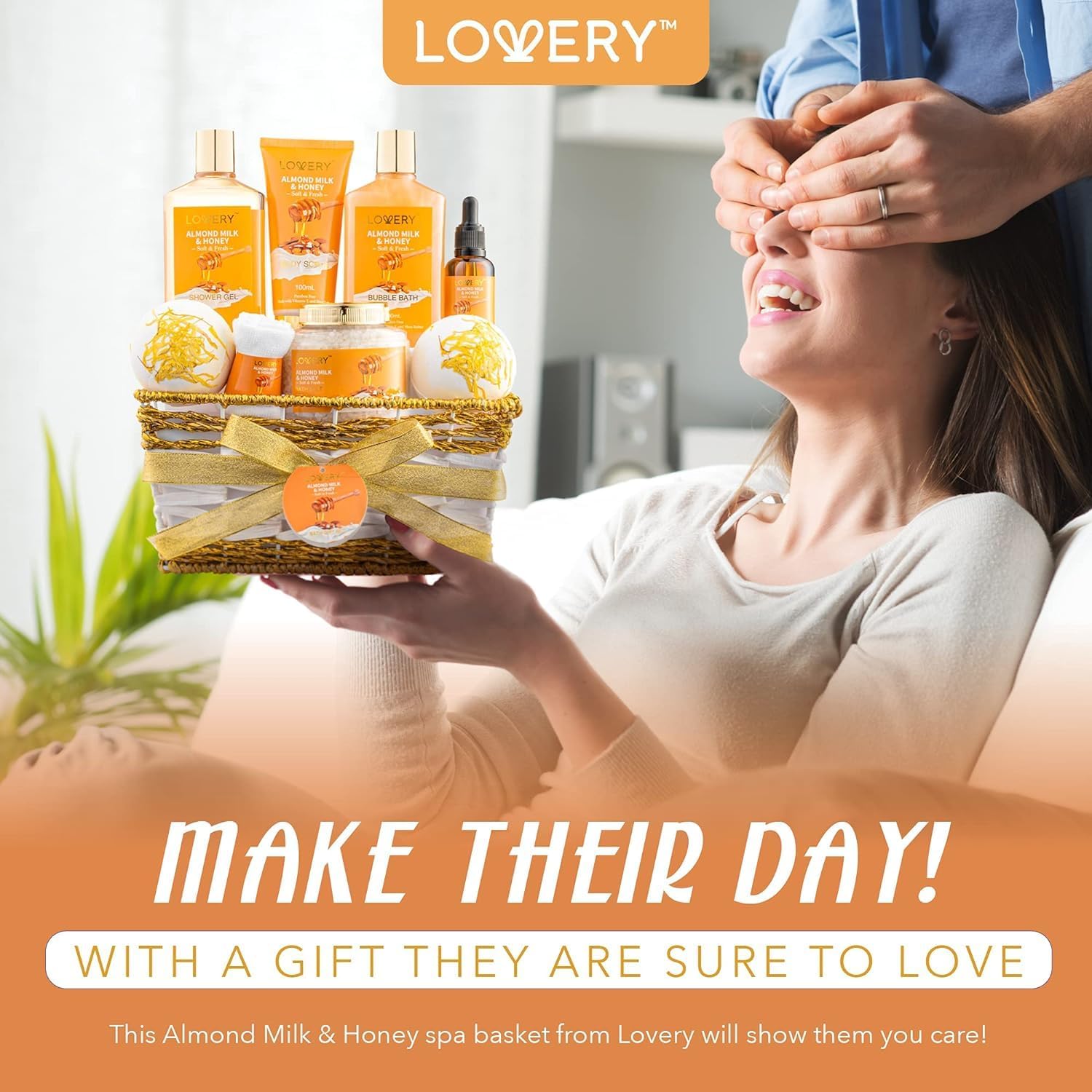 Gifts for Women Gift Basket for Women - 10 Pc Almond Milk & Honey Beauty & Personal Care Set - Valentines Day Gifts for Her Home Bath Package - Spa Self Care Kit - Birthday, Mom, Anniversary Gift