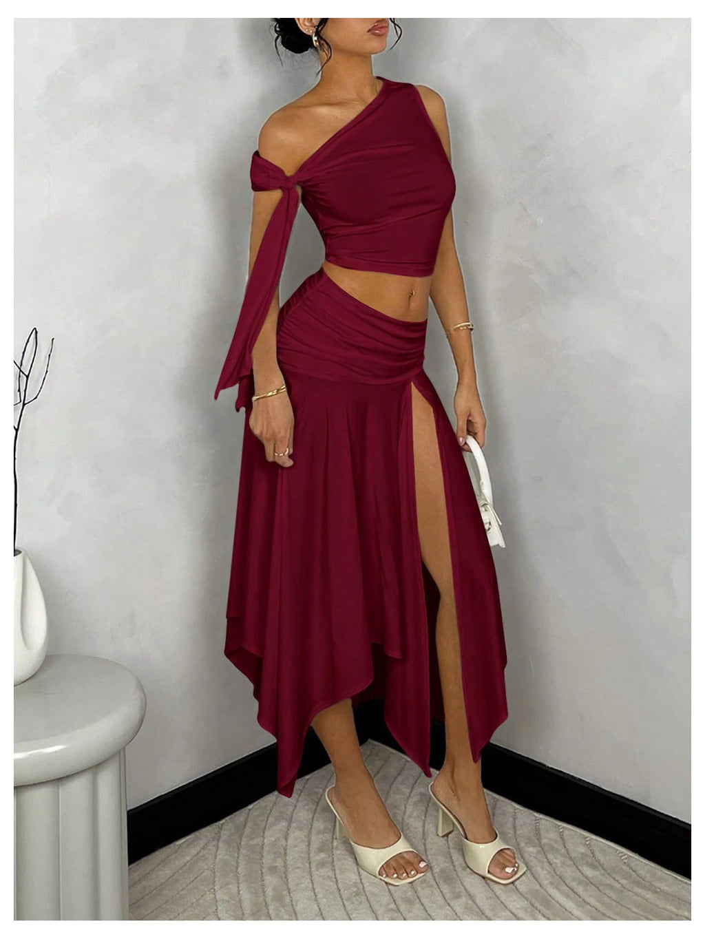 WDIRARA Women's 2 Piece Outfits Asymmetrical Neck Sleeveless Top and Split Thigh Ruffle Midi Skirt Set Burgundy Small