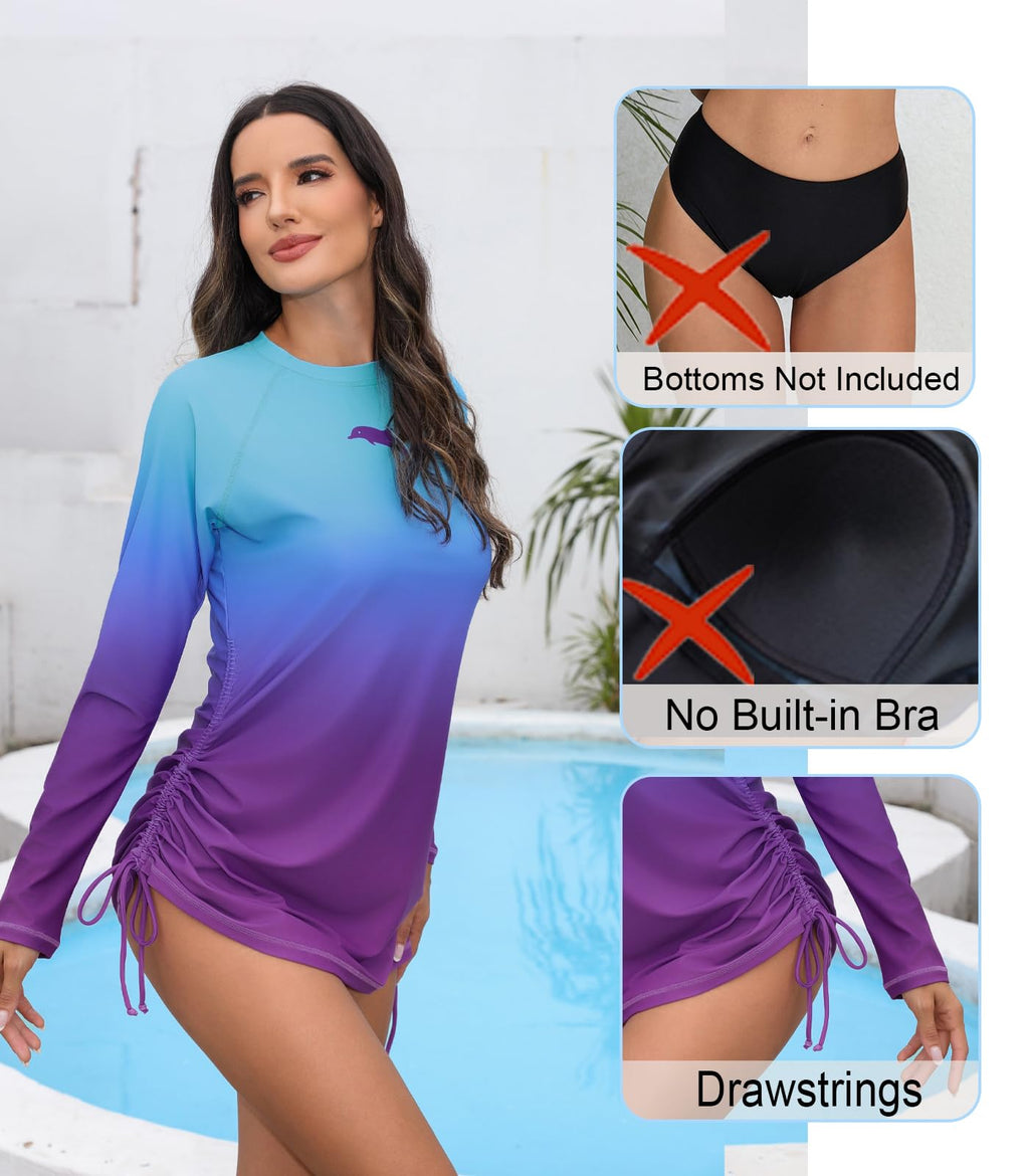 Halcurt Women's Long Sleeve Rash Guard Swim Shirt with Tie Drawstring UPF 50+ Sun Protection Swimsuit Top Ombre Blue Purple M