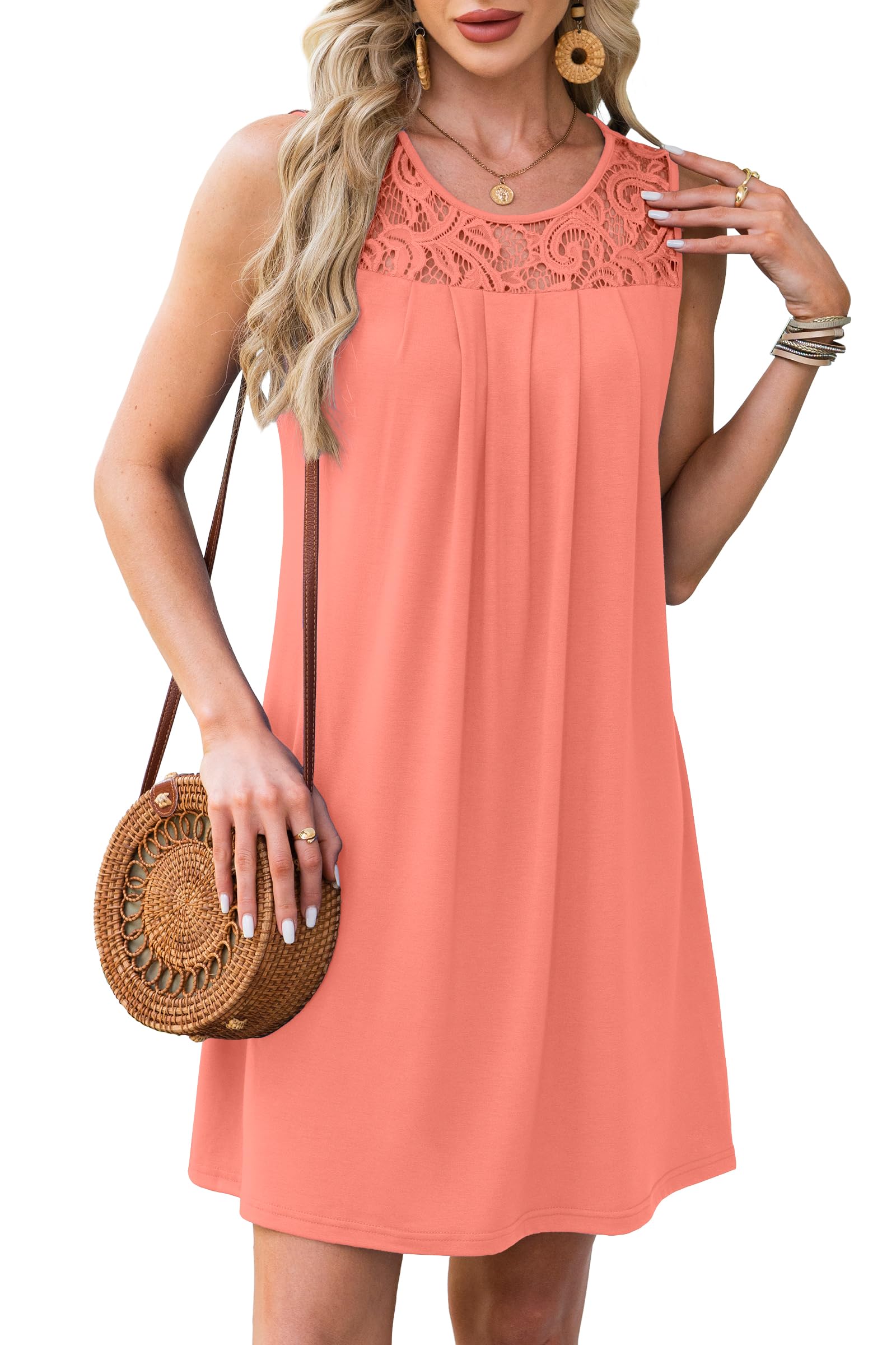 BKRIVE Womens Summer Dresses Sleeveless 2026 Beach Vacation Sundress Spring Mini Dress Coral M