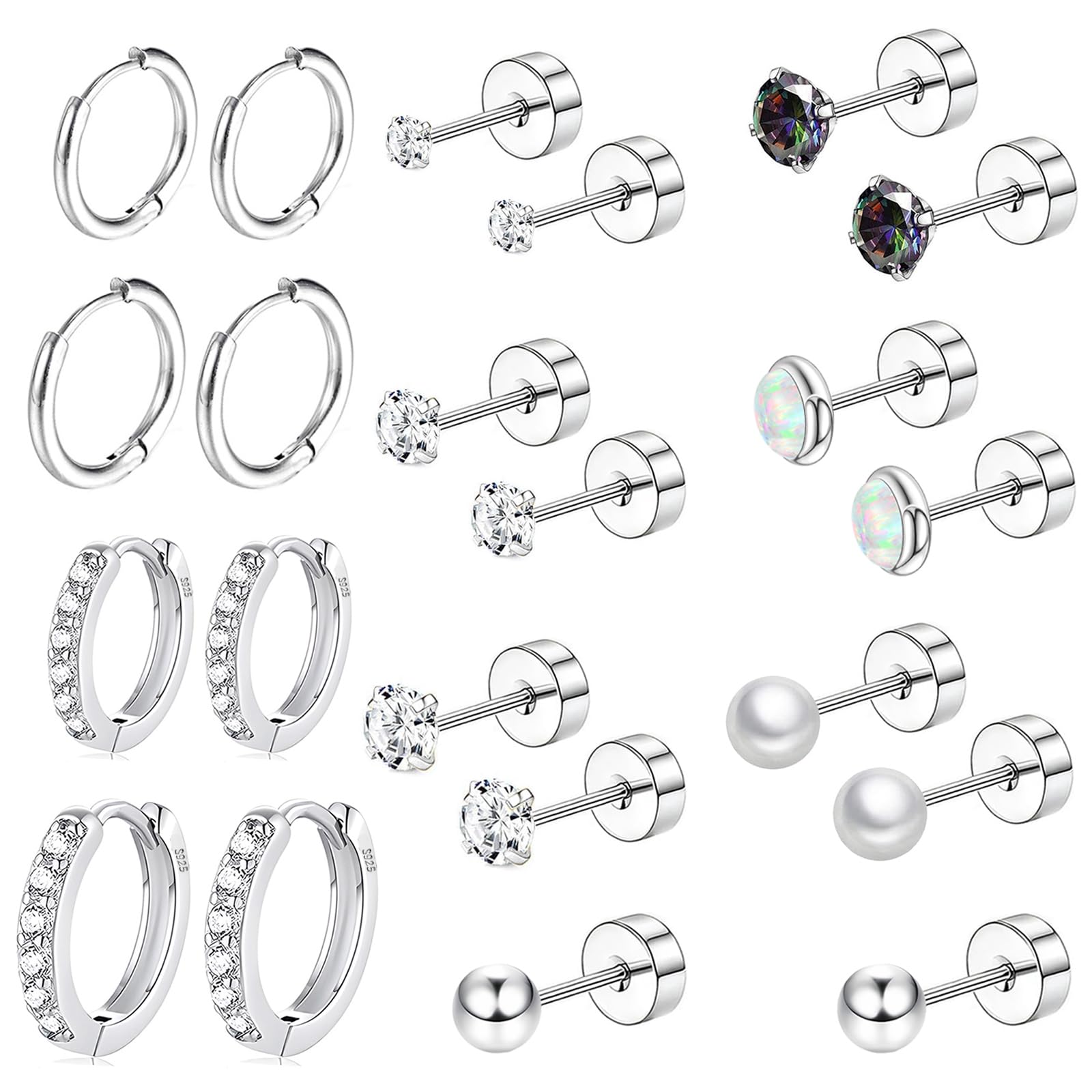 Hypoallergenic Flat Back Earring Sets for Multiple Piercing Sterling Silver Small Huggie Hoop Earrings for Women Surgical Stainless Steel FlatBack Silver Stud Earrings Trendy Cartilage Earring Stacks
