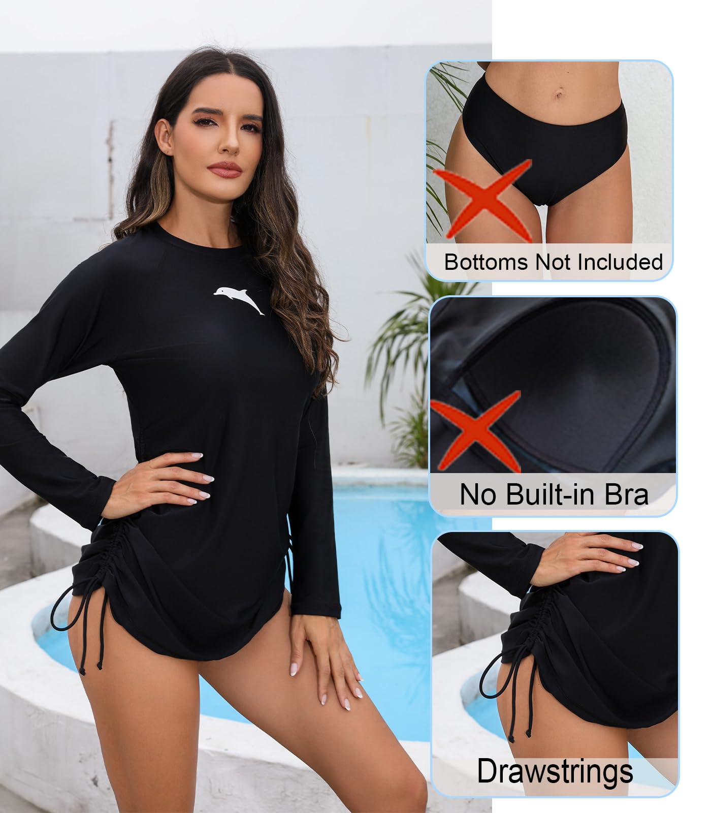 Halcurt Women's Long Sleeve Rash Guard Swim Shirt with Tie Drawstring UPF 50+ Sun Protection Swimsuit Top Jet Black M