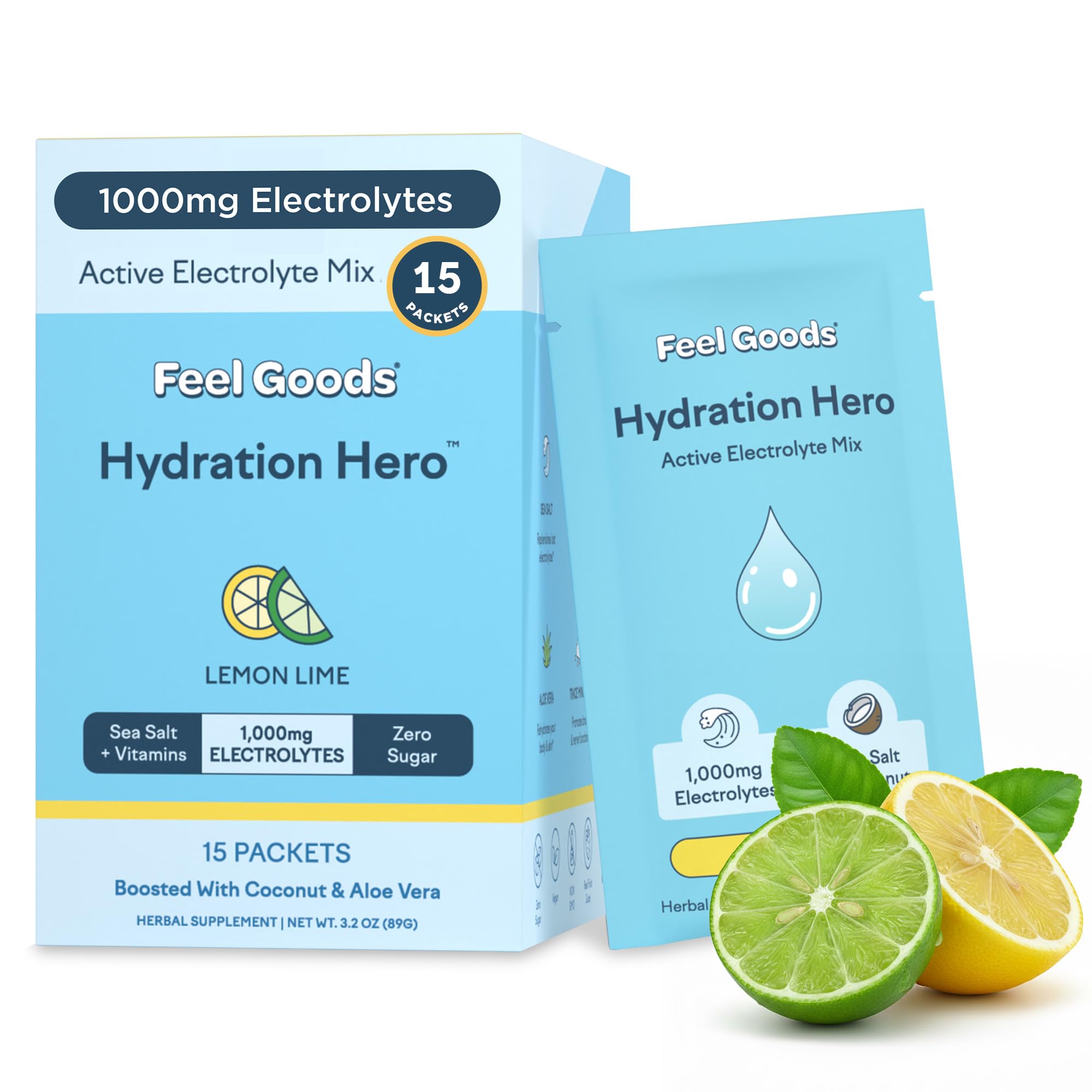 Feel Goods Hydration Hero, Sugar-Free Electrolyte Powder Packets for Daily Hydration - Electrolytes Drink Mix with Magnesium, Potassium & Vitamins for Fasting & Energy - Keto, Vegan & Organic Flavors