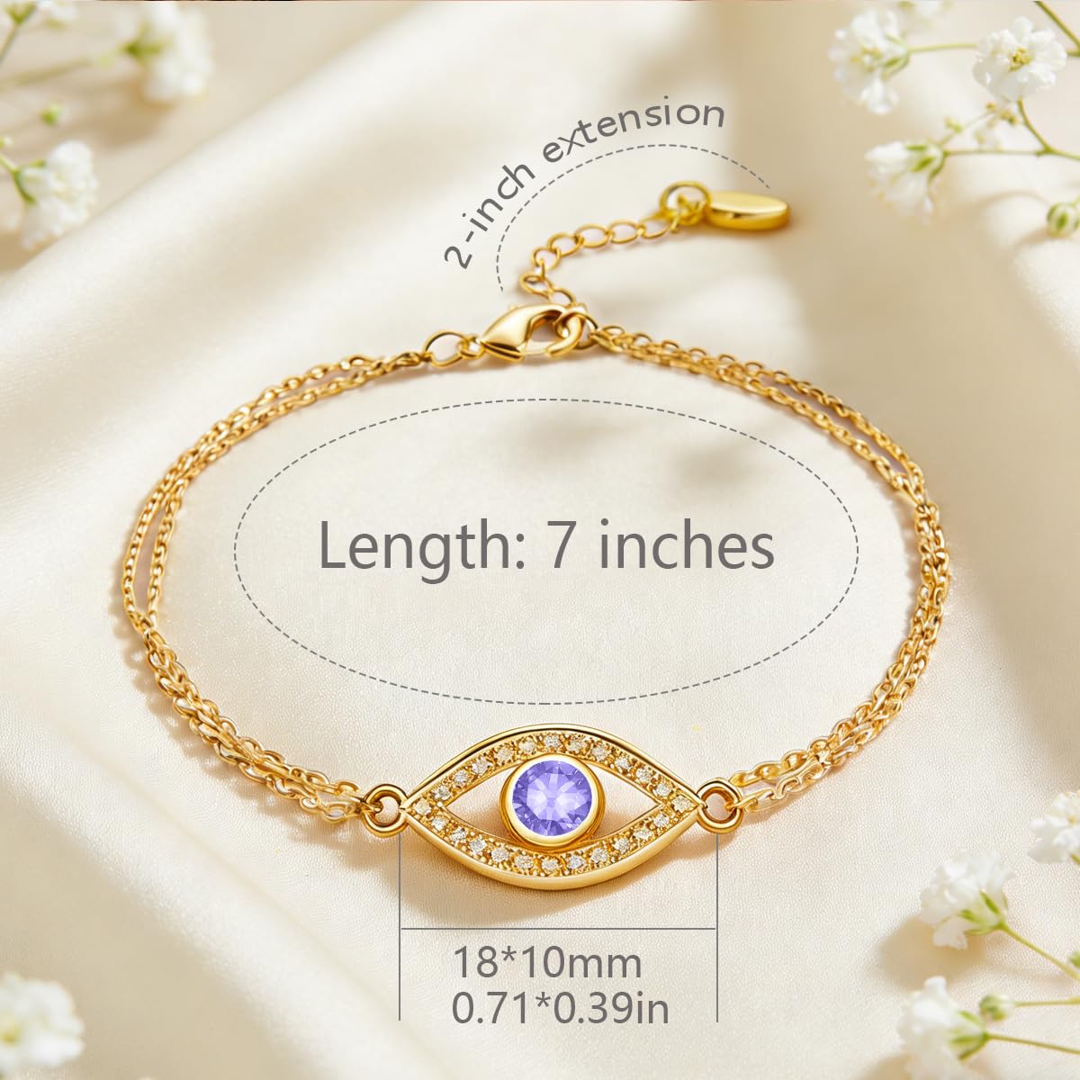 Midari June Light Violet Gemstone Birthstone Double Chain Bracelet for Women 18K Gold Plating Evil Eye Jewelry Birthday Gifts for Wife Her Daughter Mom