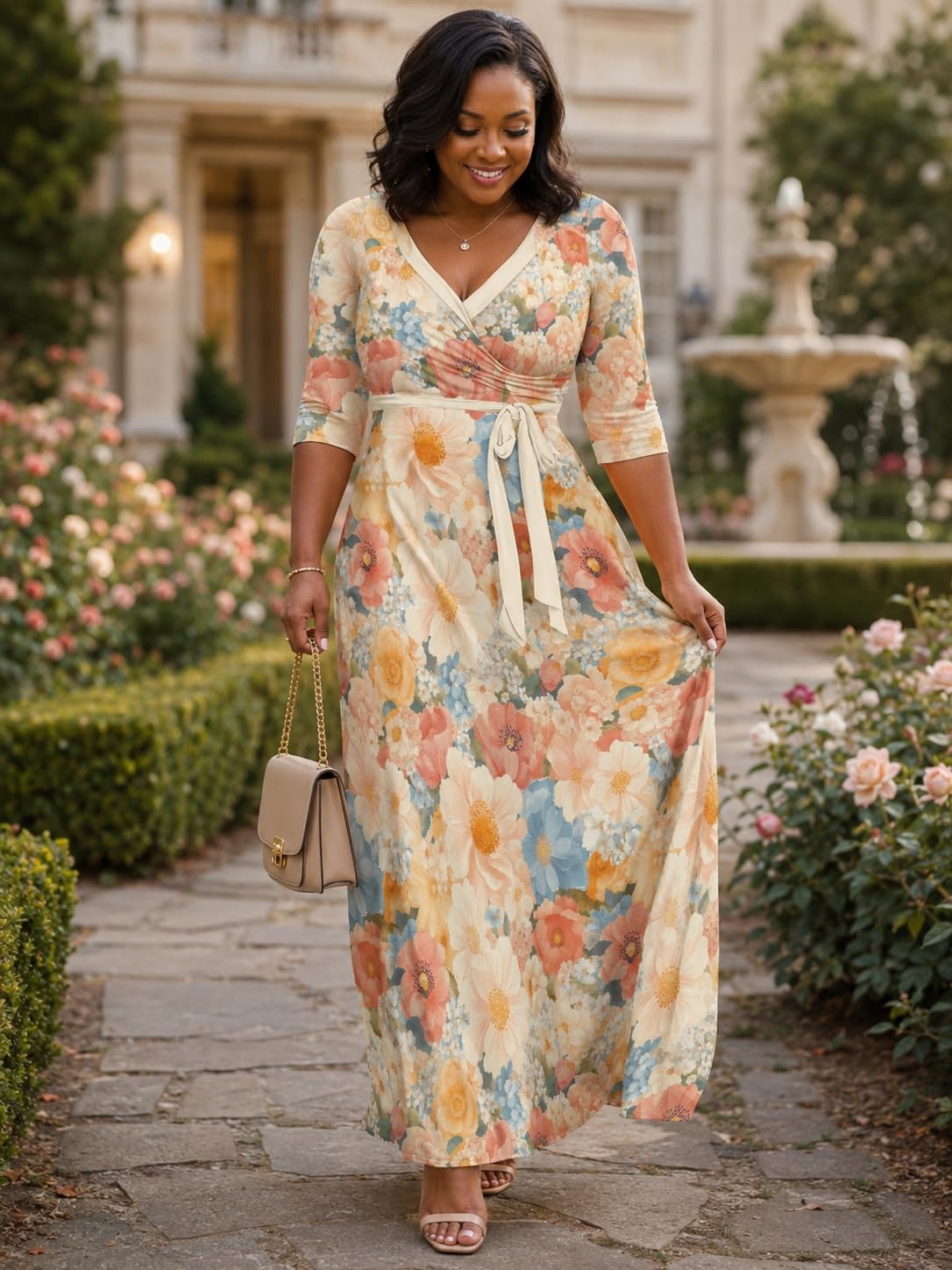 PinkPatty Plus Size Maxi Dress for Women Casual V Neck 3/4 Sleeve Boho Printed Long Dress with Pockets (Floral11 2XL)
