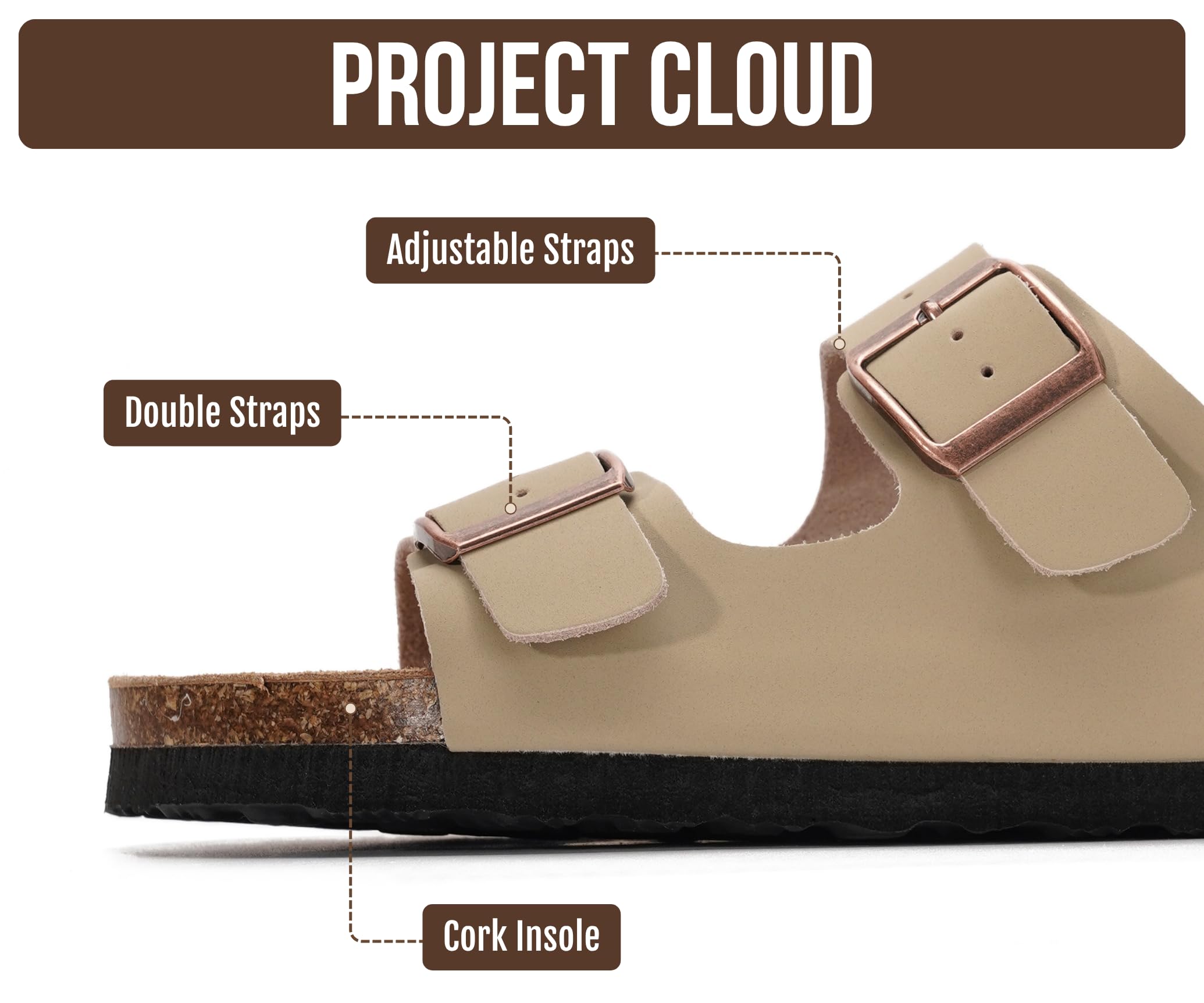 Project Cloud 100% Genuine Leather Flat Sandals For Women 2026 Cork Footbed Womens Sandals with Memory Foam and arch support Vacation Essentials Slides for Women Footwear (Venita, Beige, 9)
