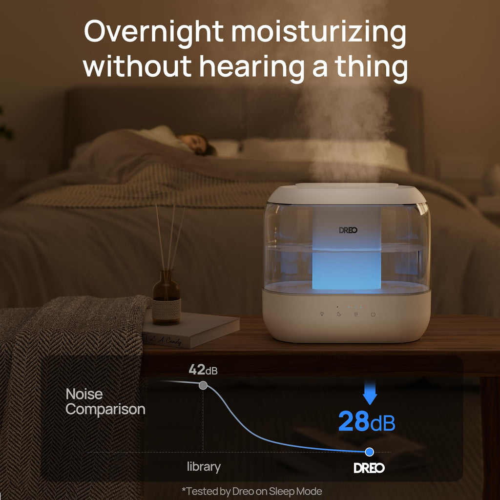 DREO Humidifiers for Bedroom, 4L Top Fill for Large Room, 36H Runtime, 28 dB Quiet Supersized Cool Mist Air Humidifier for Baby Nursery, Plants, Indoor, Night Light, Easy to Clean & Fill, White