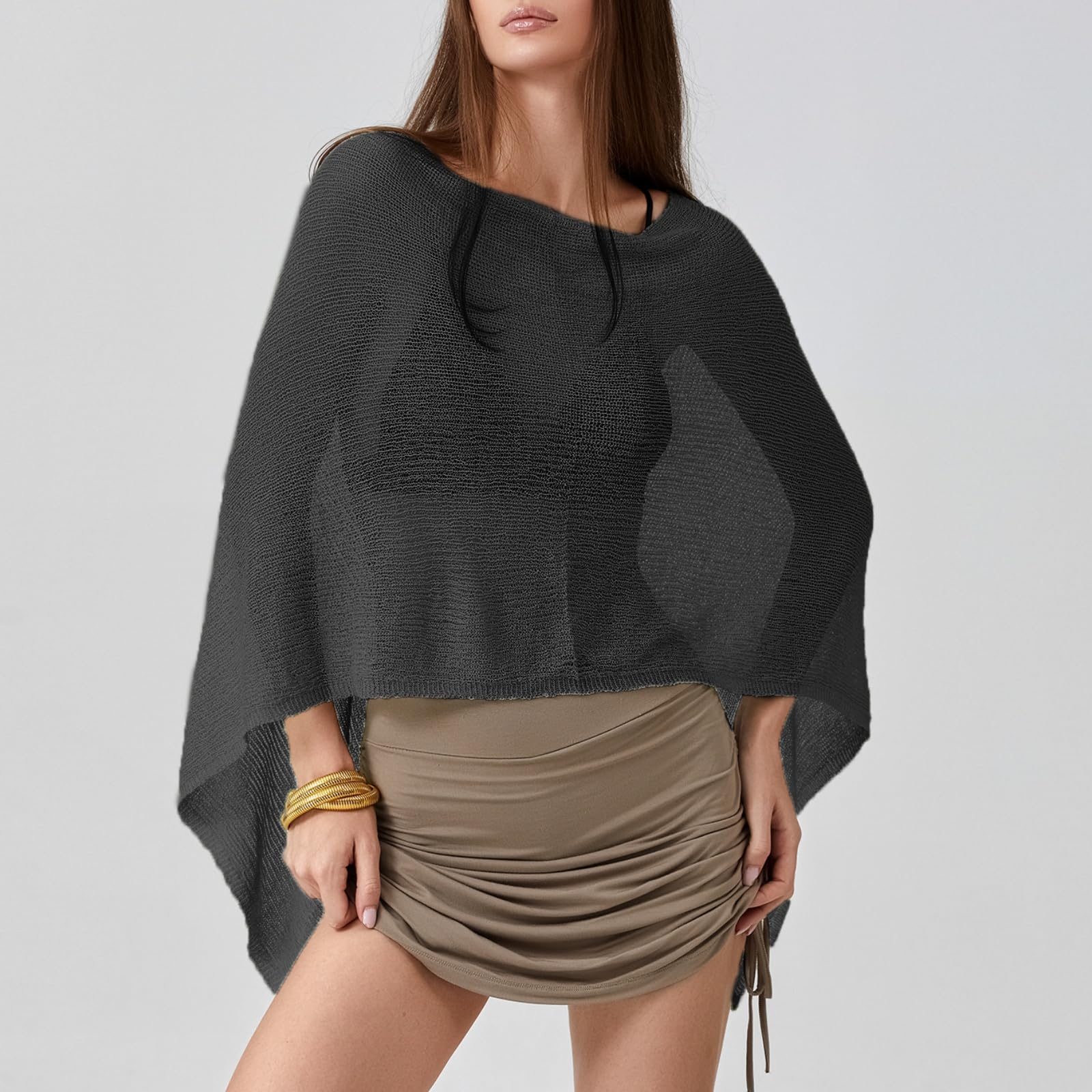 Women Sheer Poncho Top Lightweight Knit Crochet Shrug Bolero Mesh Batwing Sleeve Sweater Cover Up Beachwear