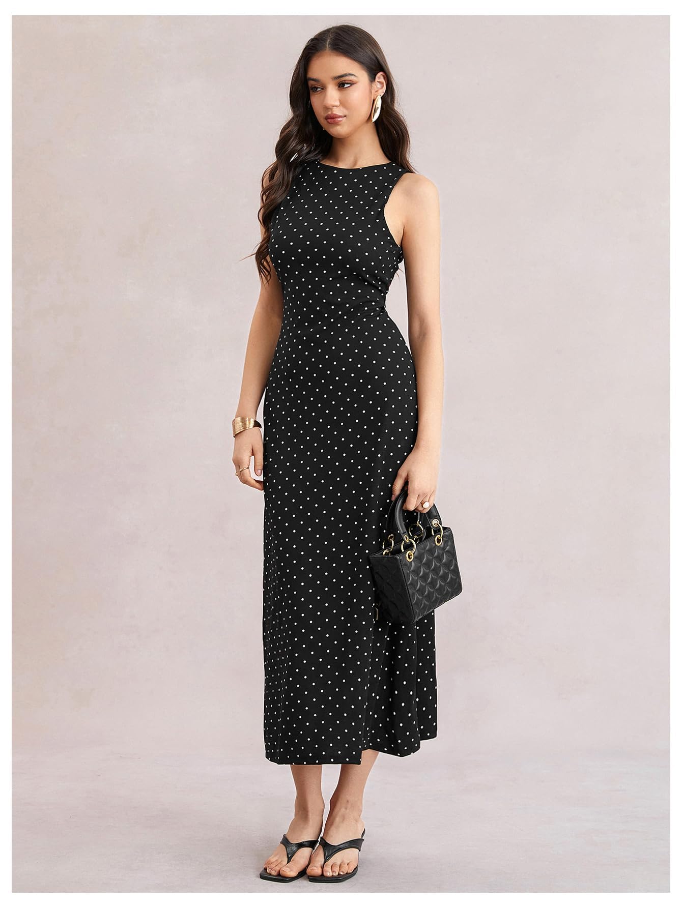 Verdusa Women's Polka Dots Backless Dress Sleeveless Going Out Long Dresses Brunch Outfits Black Medium