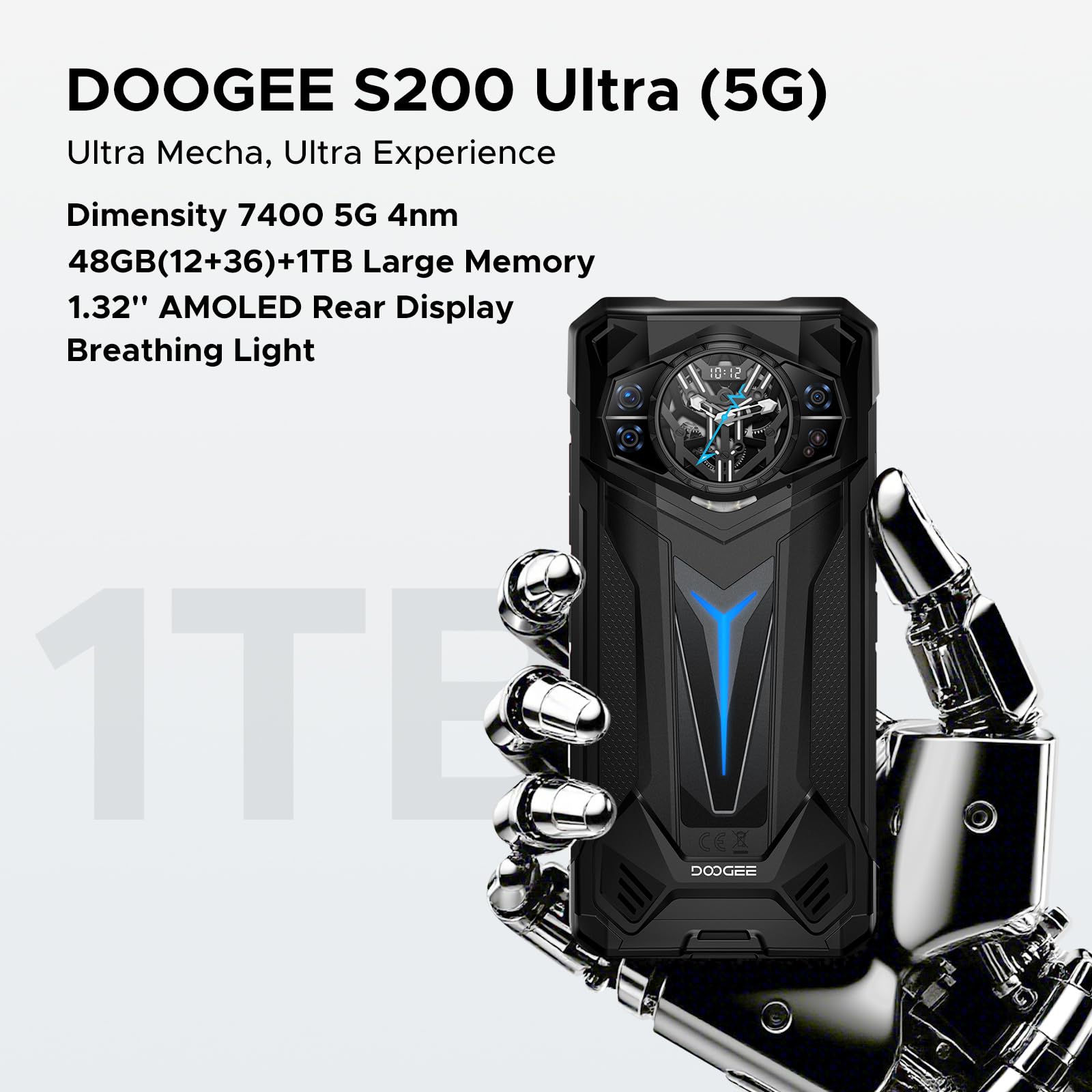 DOOGEE S200 Ultra Rugged Phone Unlocked, 5G Android 15 with 1.32" Secondary Display, 48GB+1TB Storage, 11000mAh, 66W Fast Charge, AI Quad Camera 100MP+32MP, 6.72" Rugged Smartphone Dual SIM/NFC/OTG