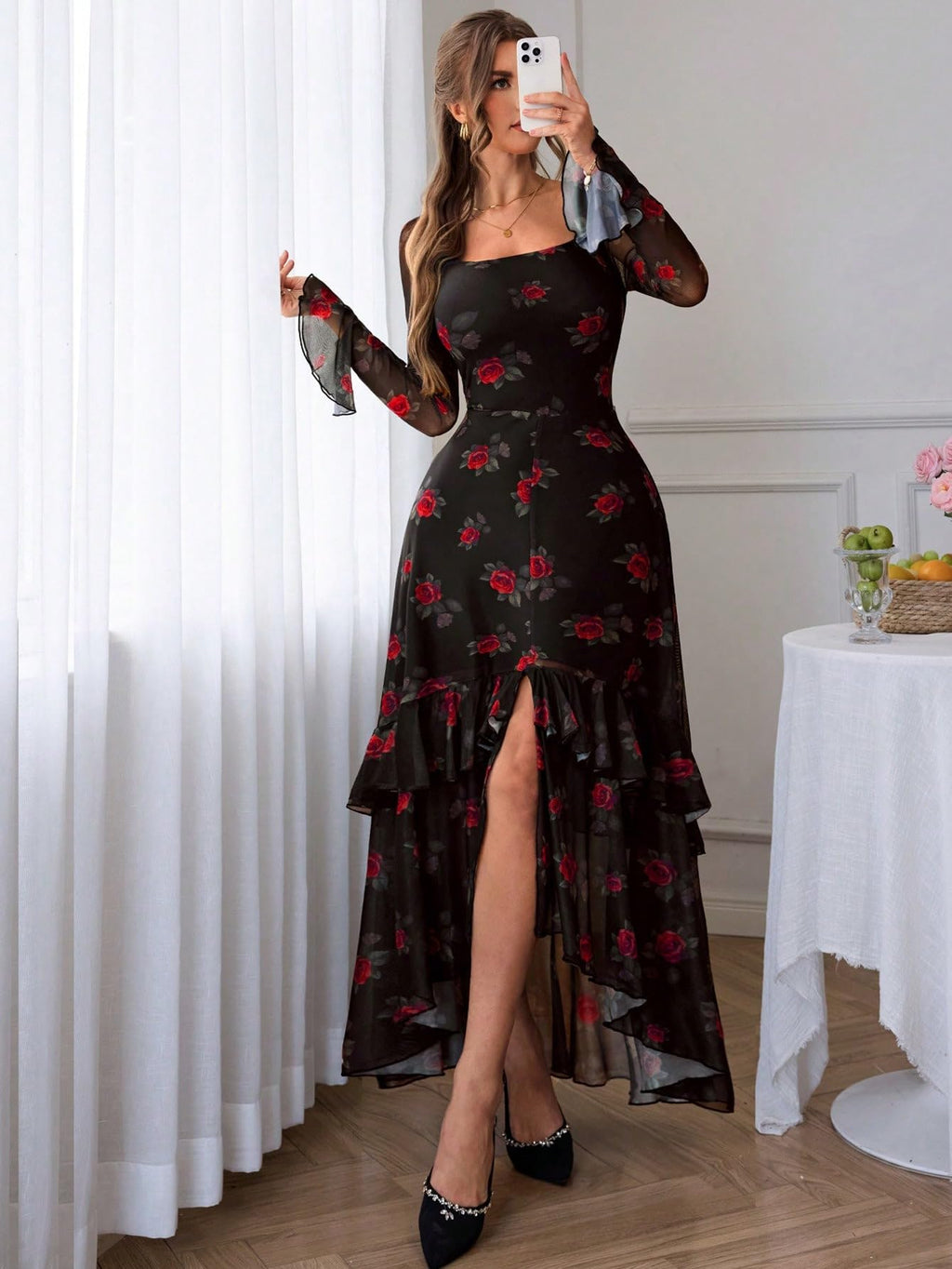 GothDark Women's Floral Mesh Dress Elegant Long Sleeve Square Neck Double Layer Ruffle Hem Casual Wedding Guest Maxi Dresses