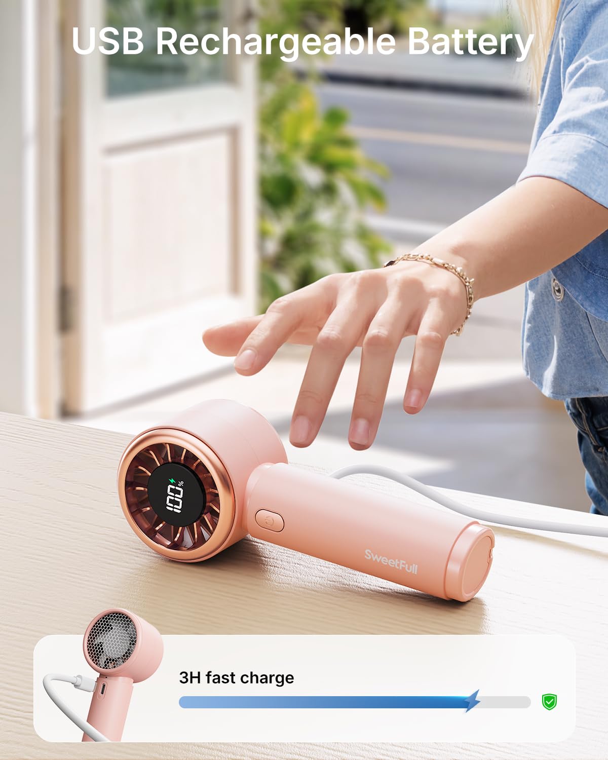 SWEETFULL Mini Fan Portable - Cute Handheld Turbo Fan with Rechargeable Battery, 5 Speeds, Small Hand Personal Travel Essentials for Women, Girls, Kids, Lash, Makeup - Pink