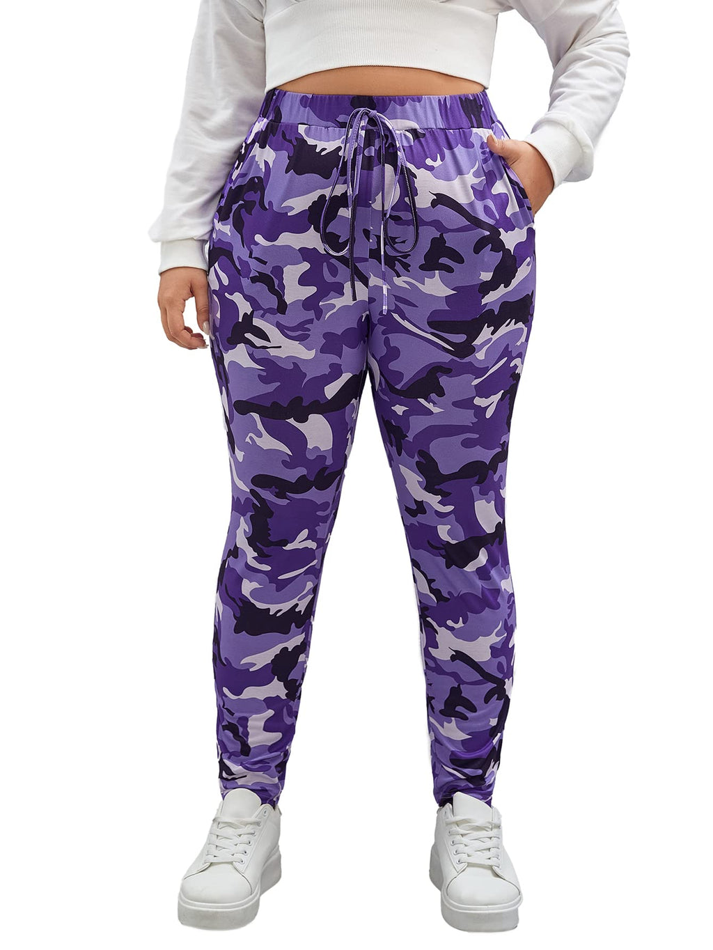 WDIRARA Women's Plus Size Camo Print Tie Front Stretch Skinny Long Pants Multicolor Purple 2XL