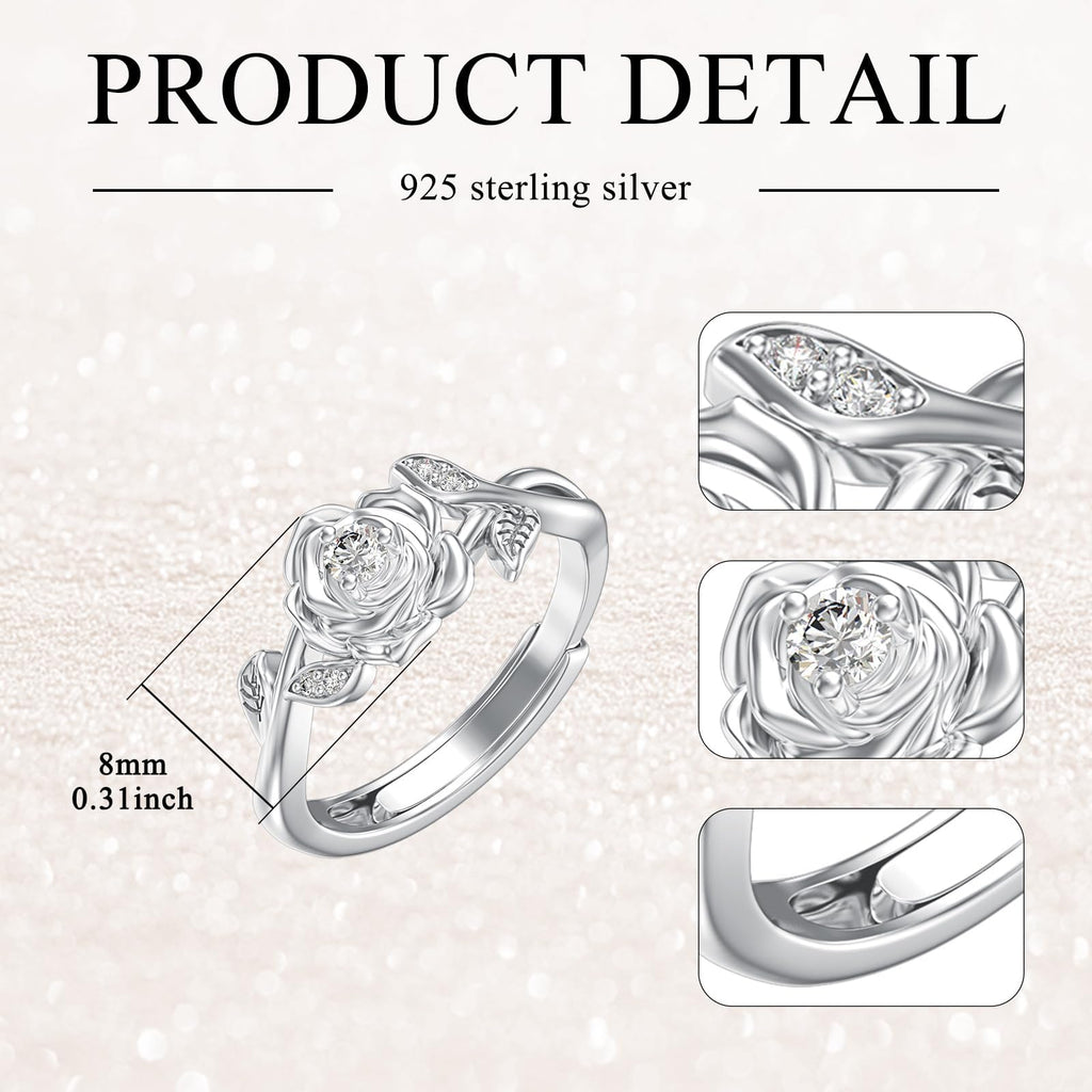 LWXIE Diamond Rose Open Ring for Women 925 Sterling Silver Rose Flower Adjustable Finger Rings Jewelry Birthday Anniversary Christmas Gifts for Mom Wife Lover Girlfriend Her