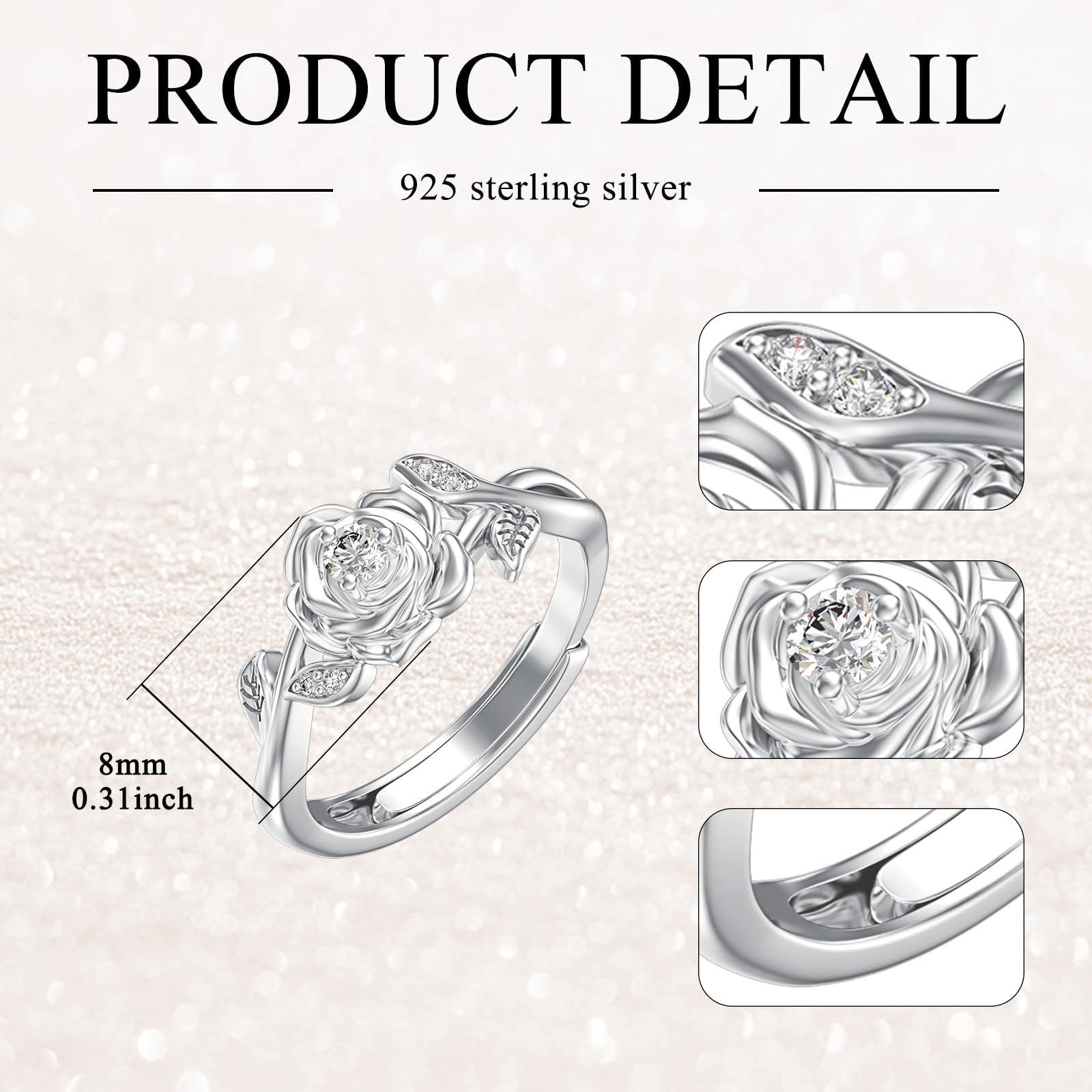 LWXIE Diamond Rose Open Ring for Women 925 Sterling Silver Rose Flower Adjustable Finger Rings Jewelry Birthday Anniversary Christmas Gifts for Mom Wife Lover Girlfriend Her