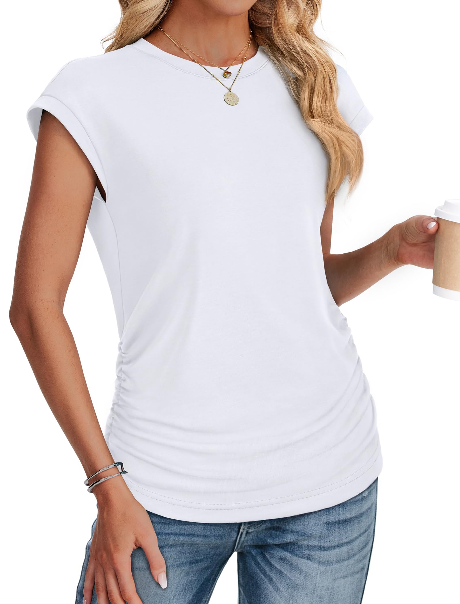 Tshirts Shirts for Women Cap Sleeve Summer Cute Tops Work Soft Basic Tees Scoop Neck Casual Loose Fit White XL