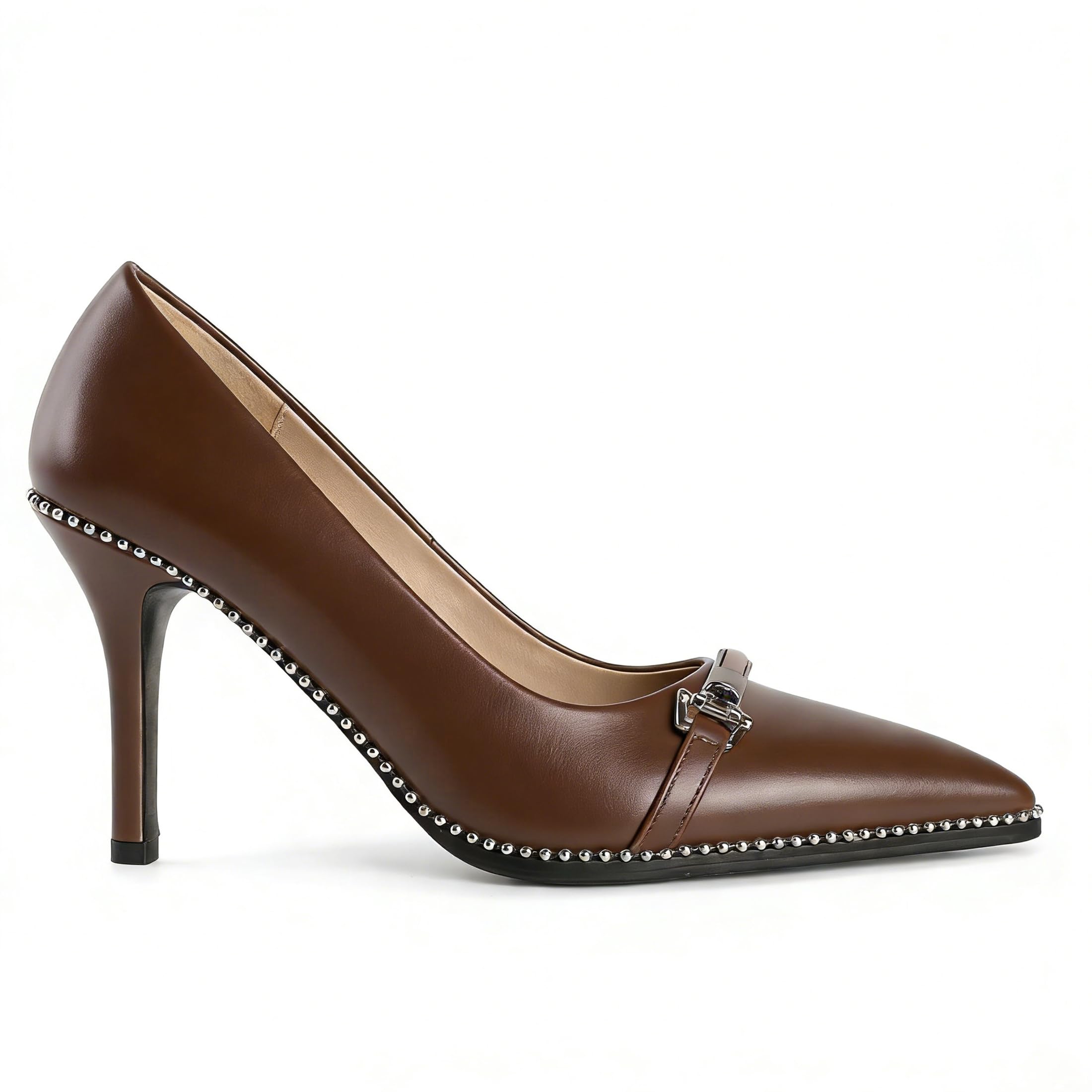 Younton Brown Pumps Stiletto High Heeled Pump for Work Pointy Toe Heel Beaded Heels with Metal Buckle 9 CM Faux Leather US Size 7.5