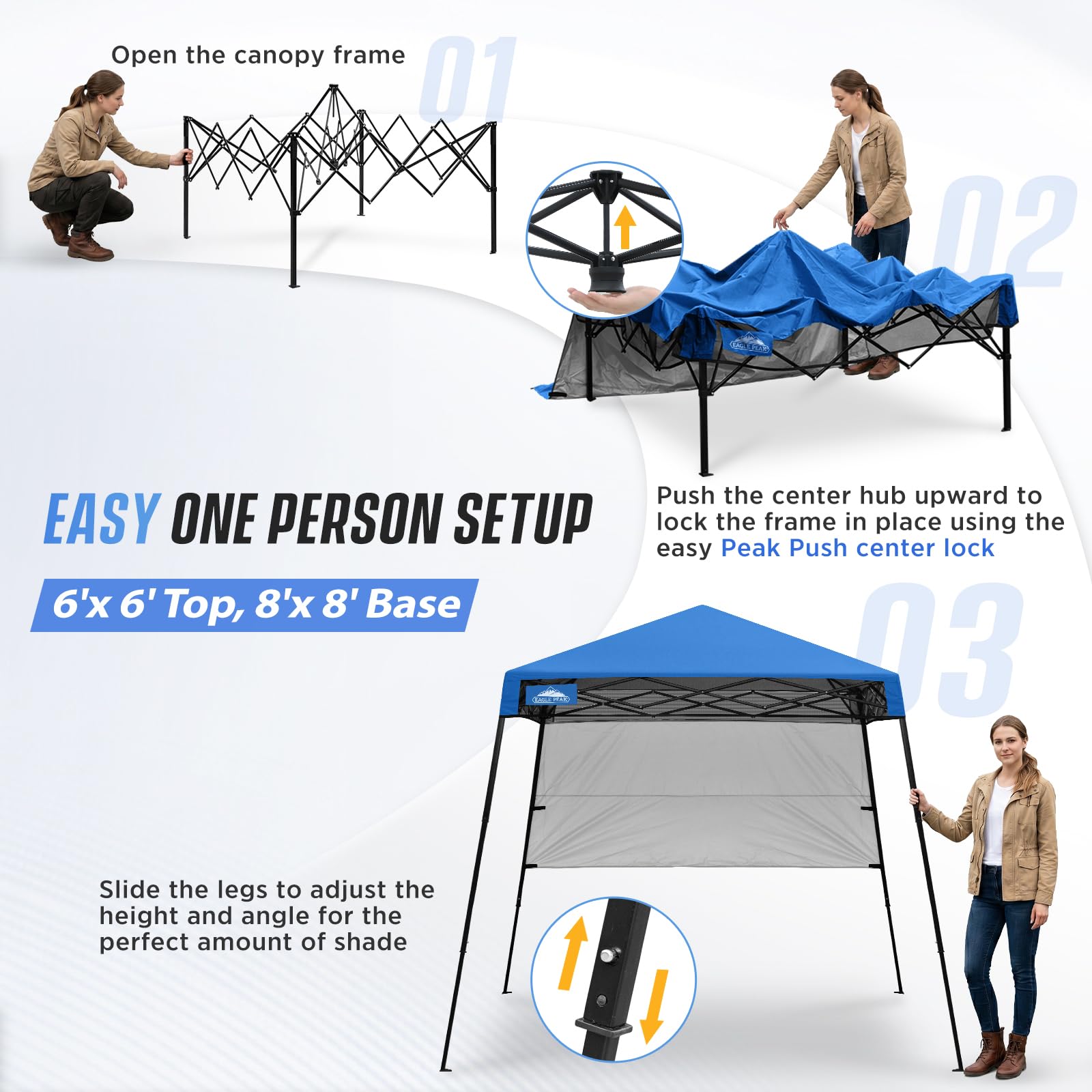 EAGLE PEAK 8x8 Pop Up Canopy Tent with Sidewall, Compact, Portable Slant Leg Instant Sun Shelter for Beach, Sports, & Camping, 8x8 Base 6x6 Top, Blue