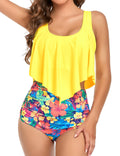 Edelqual Tankini Swimsuits for Women Plus Size Tummy Control Bathing Suit Two Piece Top Modest Full Coverage High Waisted Bikini Bottom Swimwear Set(Yellow Blue Red Flower M)