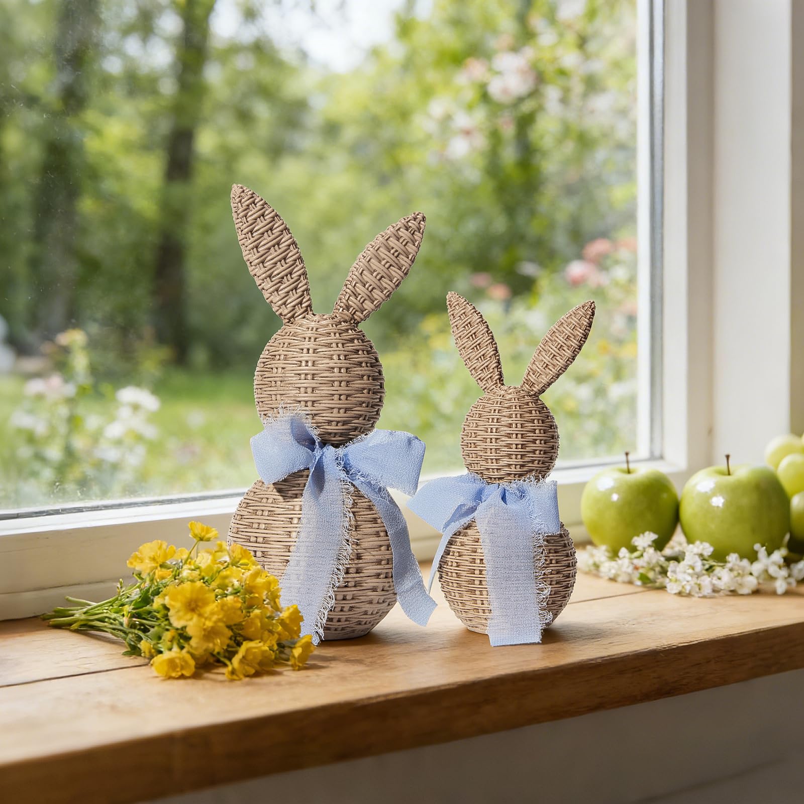 WDS WONDROUS Rattan Effect Resin Bunnies with Light Blue Bow 2-Pcs Large & Small, Easter Decorations Bunny Figurines Set, Farmhouse Spring Table Centerpiece Decor for Home Wedding Gift