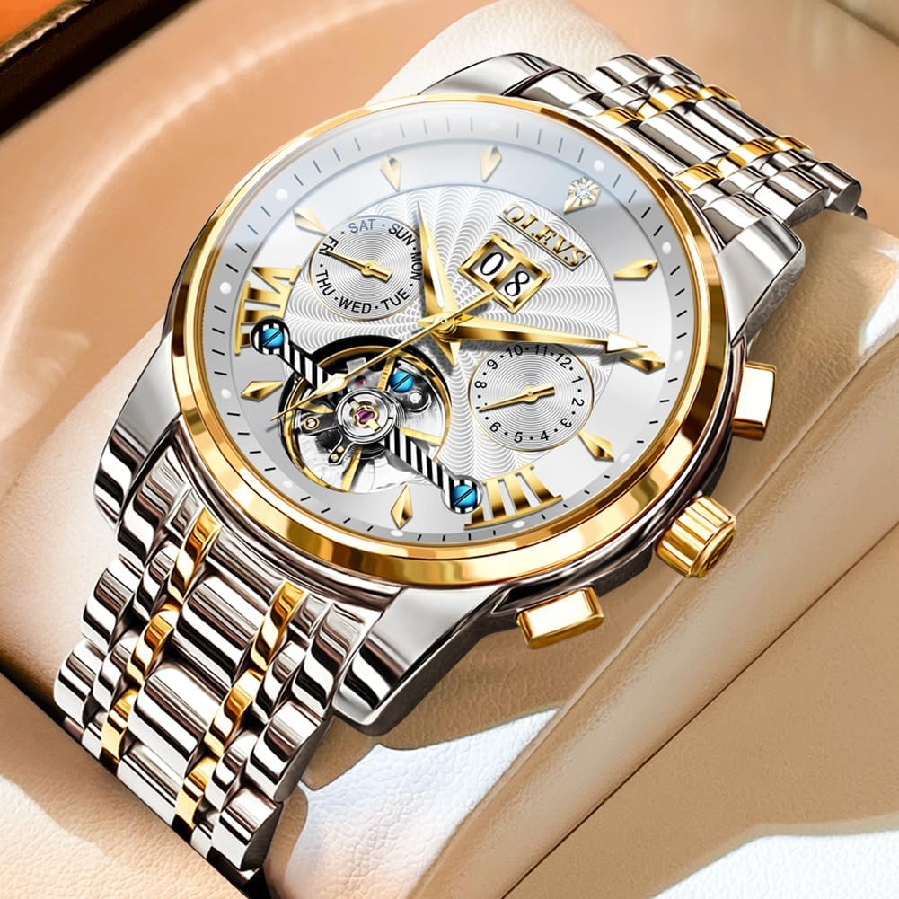 OLEVS Men Automatic Watch Luxury Classic Mechanical Skeleton Waterproof Luminous Stainless Steel Date Calendar Two Tone Wrist Watches