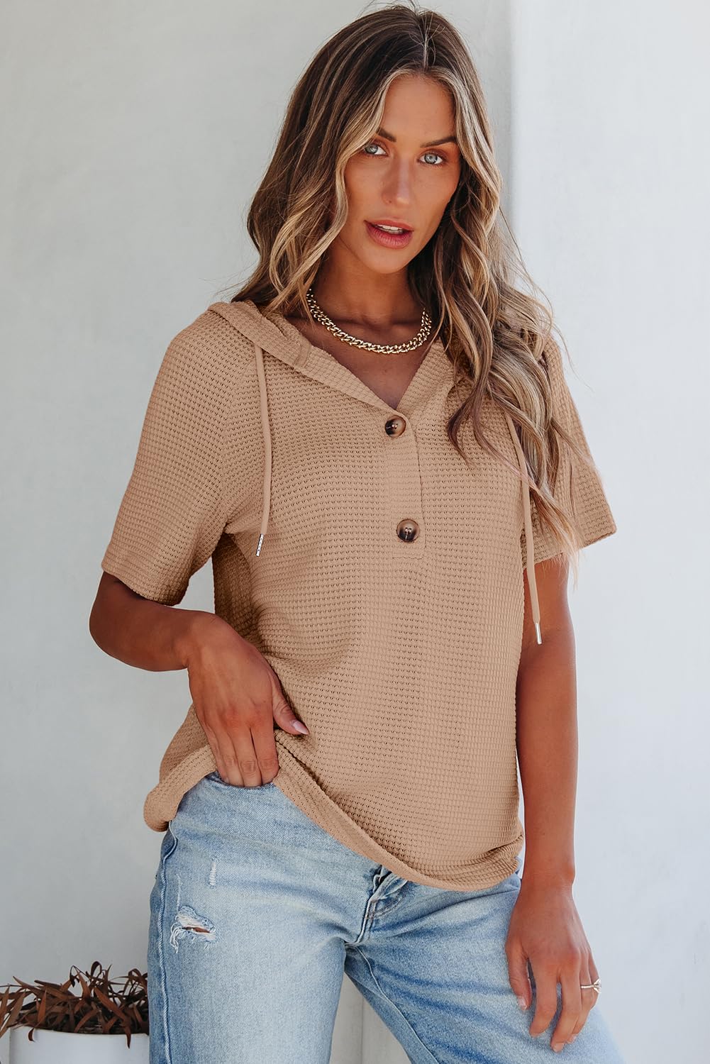 Dokotoo Summer Sweaters for Women Lightweight Waffle Knit Short Sleeve Shirt Button V Neck Oversized Casual Elegant Ladies Tops and Blouses Soft Pullover Sweatshirt Vacation Outfits Apricot Large