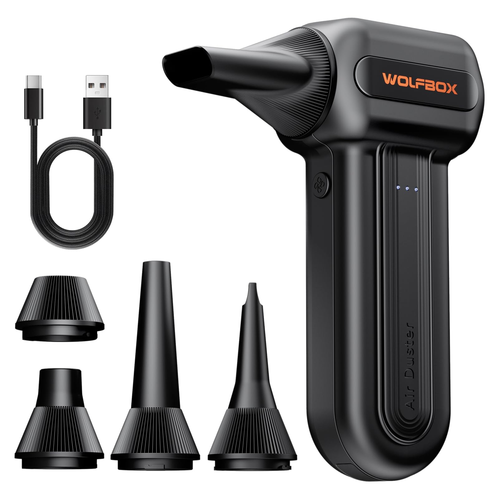 WOLFBOX MF60 Compressed Air Duster-110000RPM Super Power Electric Air Duster, 3-Speed Adjustable Rechargeable Cordless Air Blower with Fast Charging for PC Keyboard Cleaning, Car, Home, 5 Nozzle