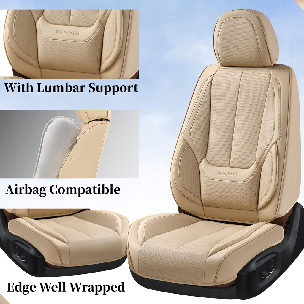 Coverado Car Seat Covers Full Set, Car Seat Protector Waterproof, Nappa Leather Car Seat Cushion, Beige Seat Covers for Cars, Front Seats and Back Universal Fit for Most Cars