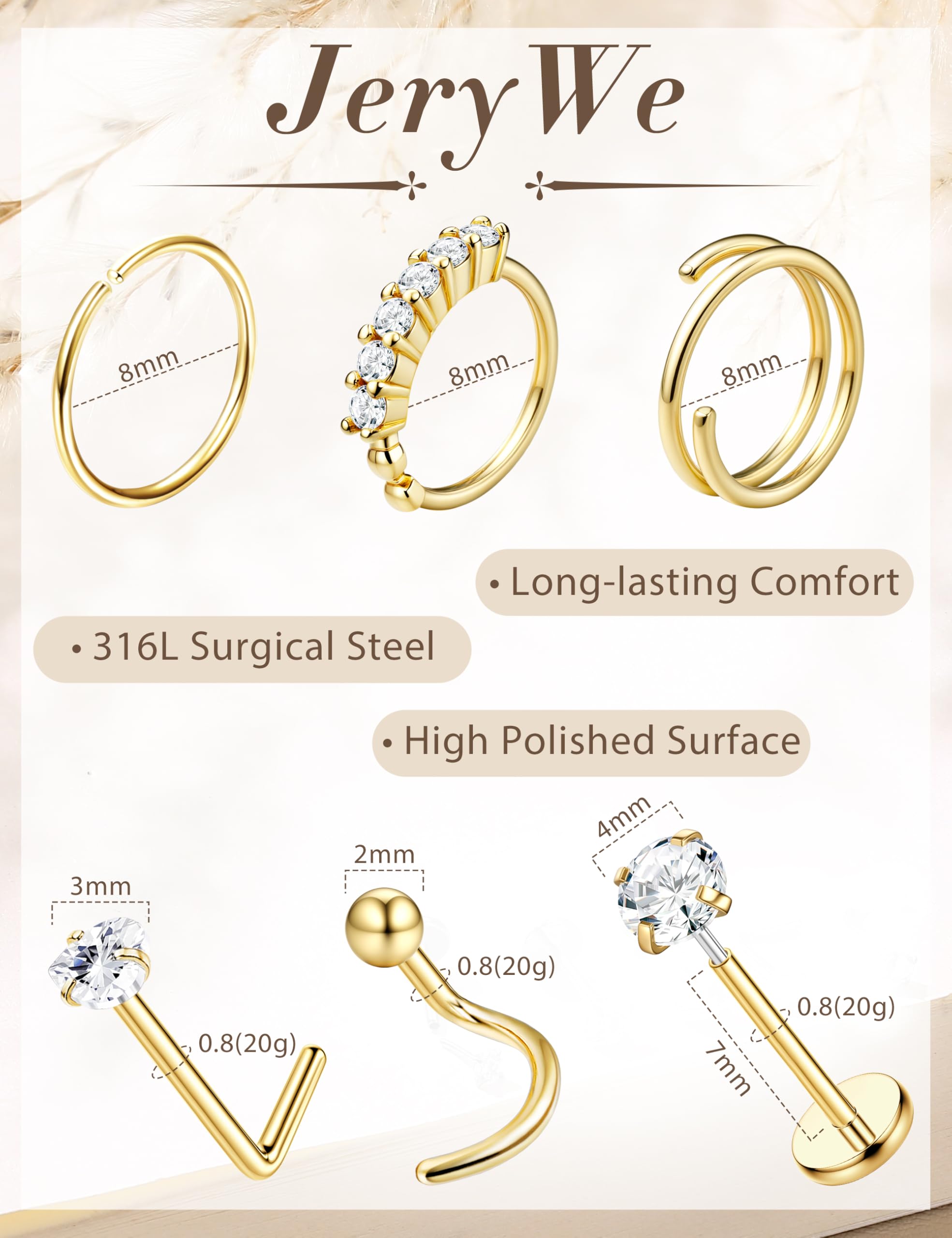 JeryWe Nose Rings for Women - 14K Gold Filled Hypoallergenic Surgical Steel Nose Ring Hoops CZ Lip Ring Screw L Shaped Studs Threadless Flat Back Stud Nose Piercings Jewelry for Women Men CZ