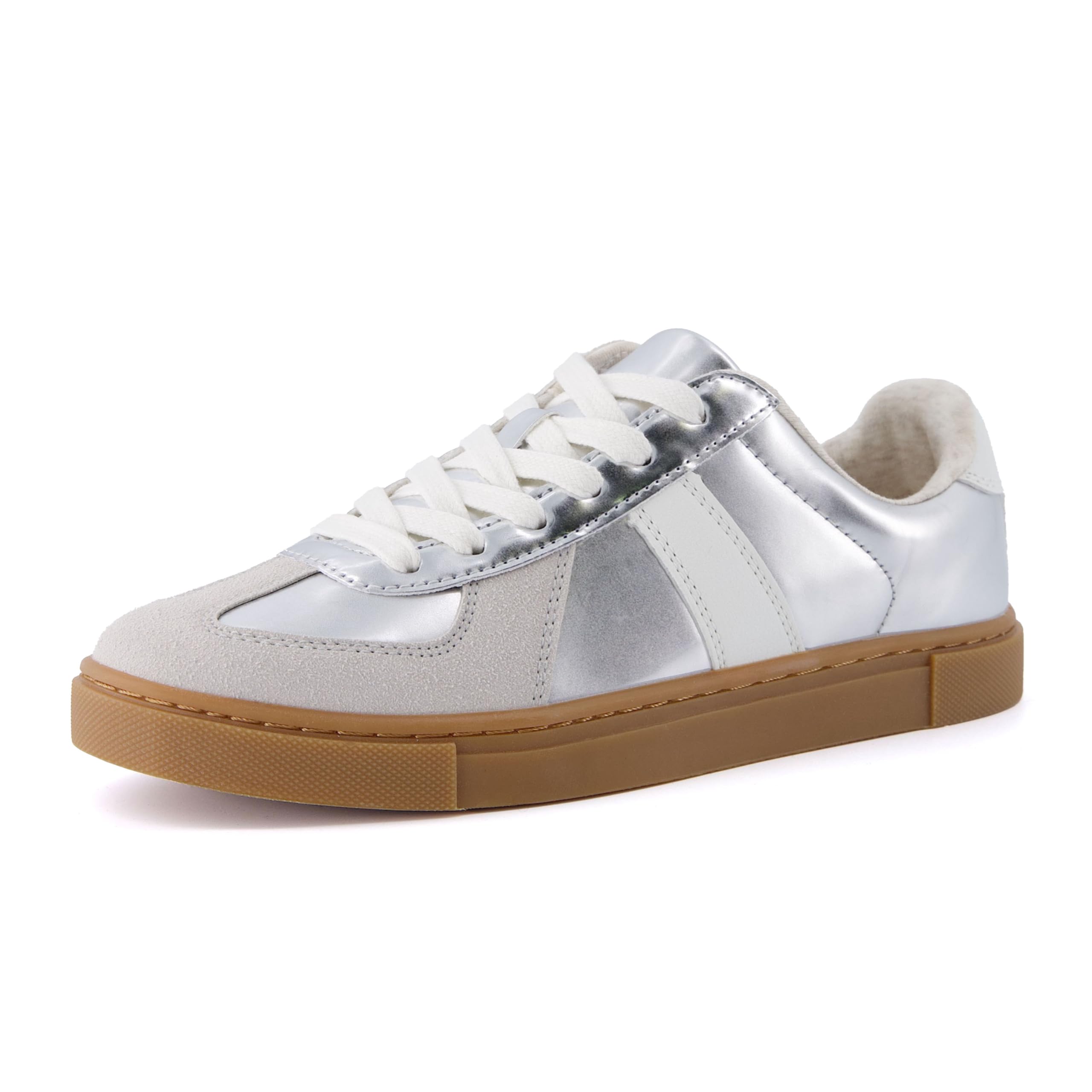 CUSHIONAIRE Bailey Womens Retro Sneaker, Classic Everyday Sneakers for Women with Sleek Rounded Toe and Memory Foam, SILVER 8.5
