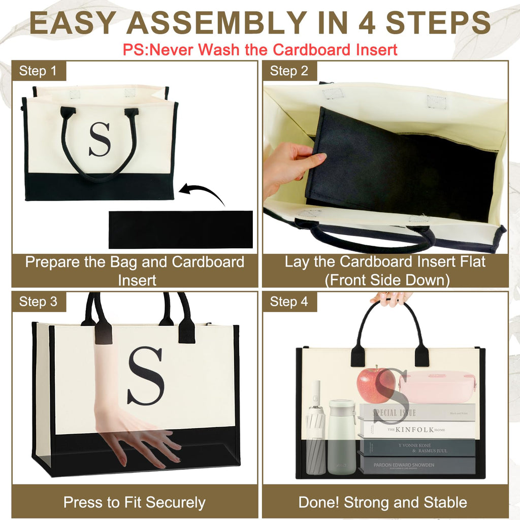 GENGBIN Personalized Canvas Tote Bag, Monogrammed Gift with Zipper Pouch for Women (S - with Cardboard Insert)