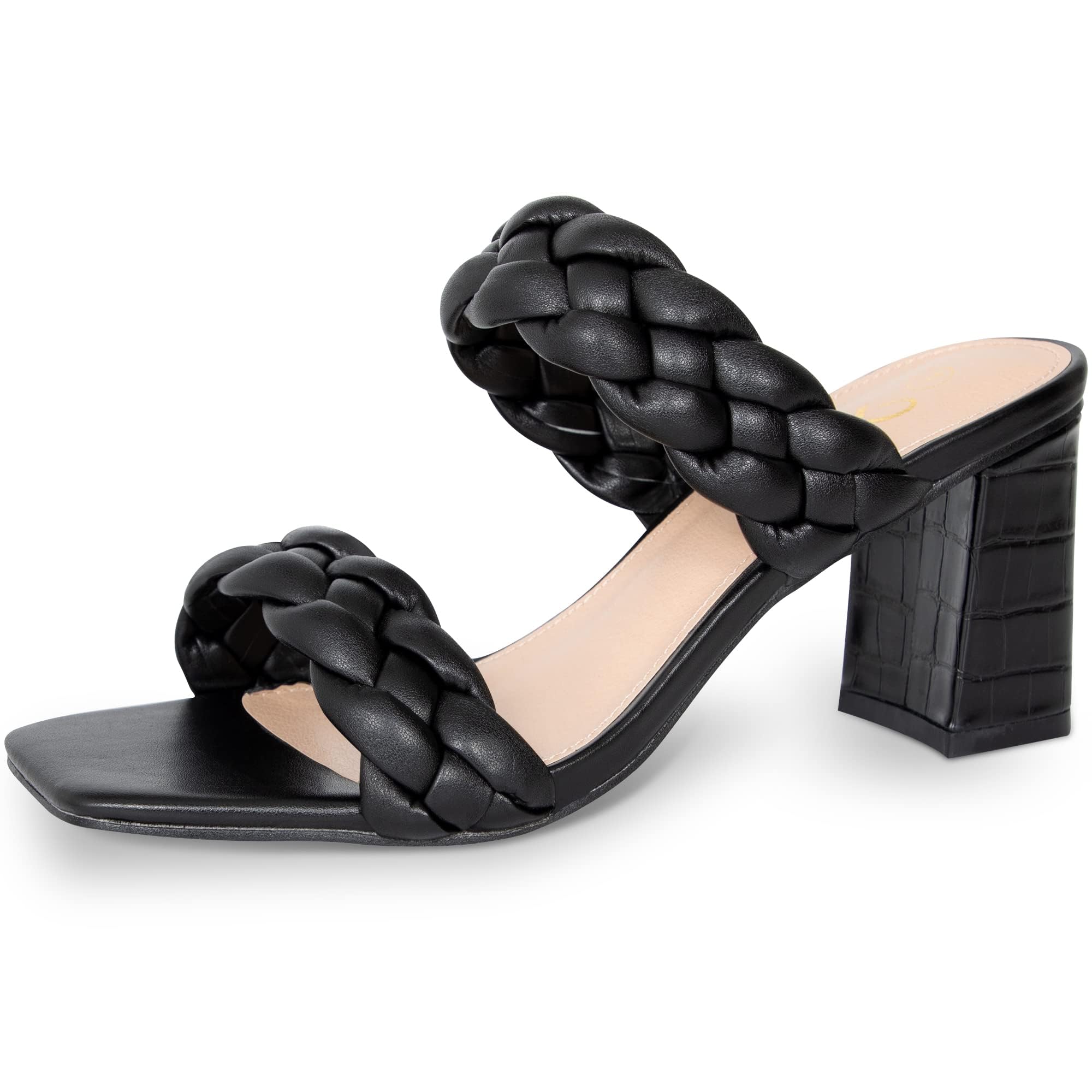 Athlefit Women's Braided Heeled Sandals Summer Square Open Toe Slip on Block Black Heels Size 8