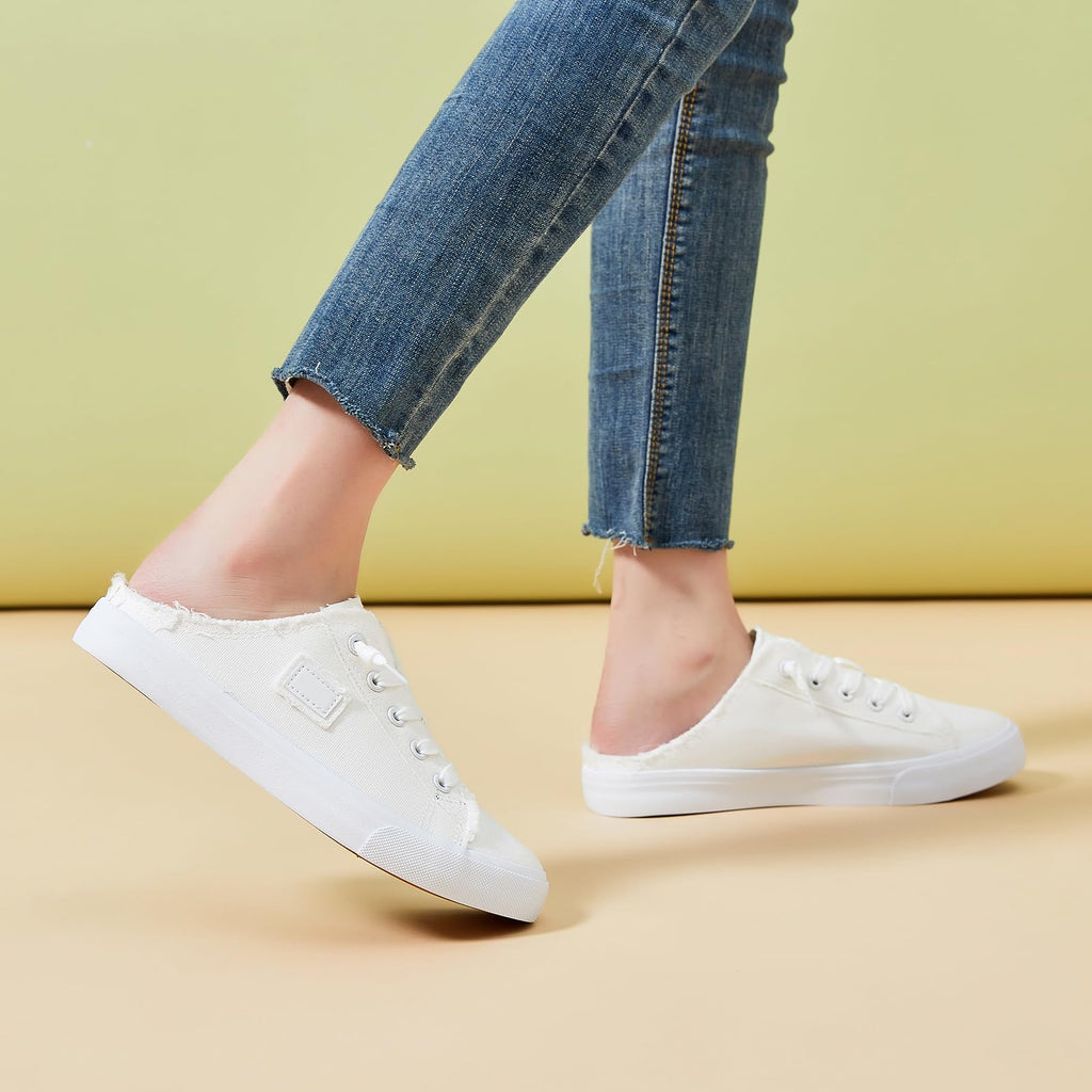 BENPAO Womens Canvas Mules White Slip on Fashion Sneakers Black Loafers Comfortable Casual Shoes for Women(White,US5.5)