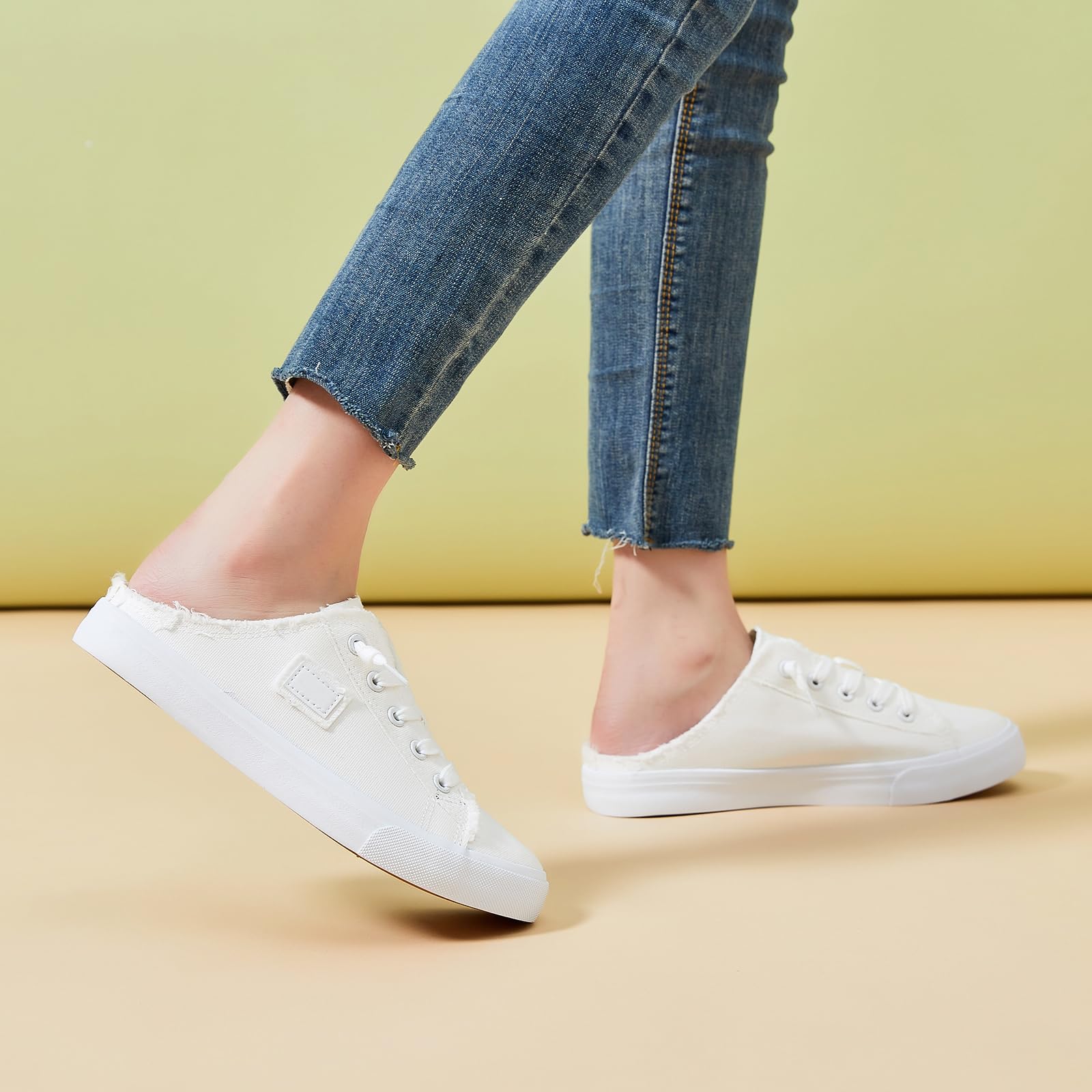 BENPAO Womens Canvas Mules White Slip on Fashion Sneakers Black Loafers Comfortable Casual Shoes for Women(White,US5.5)