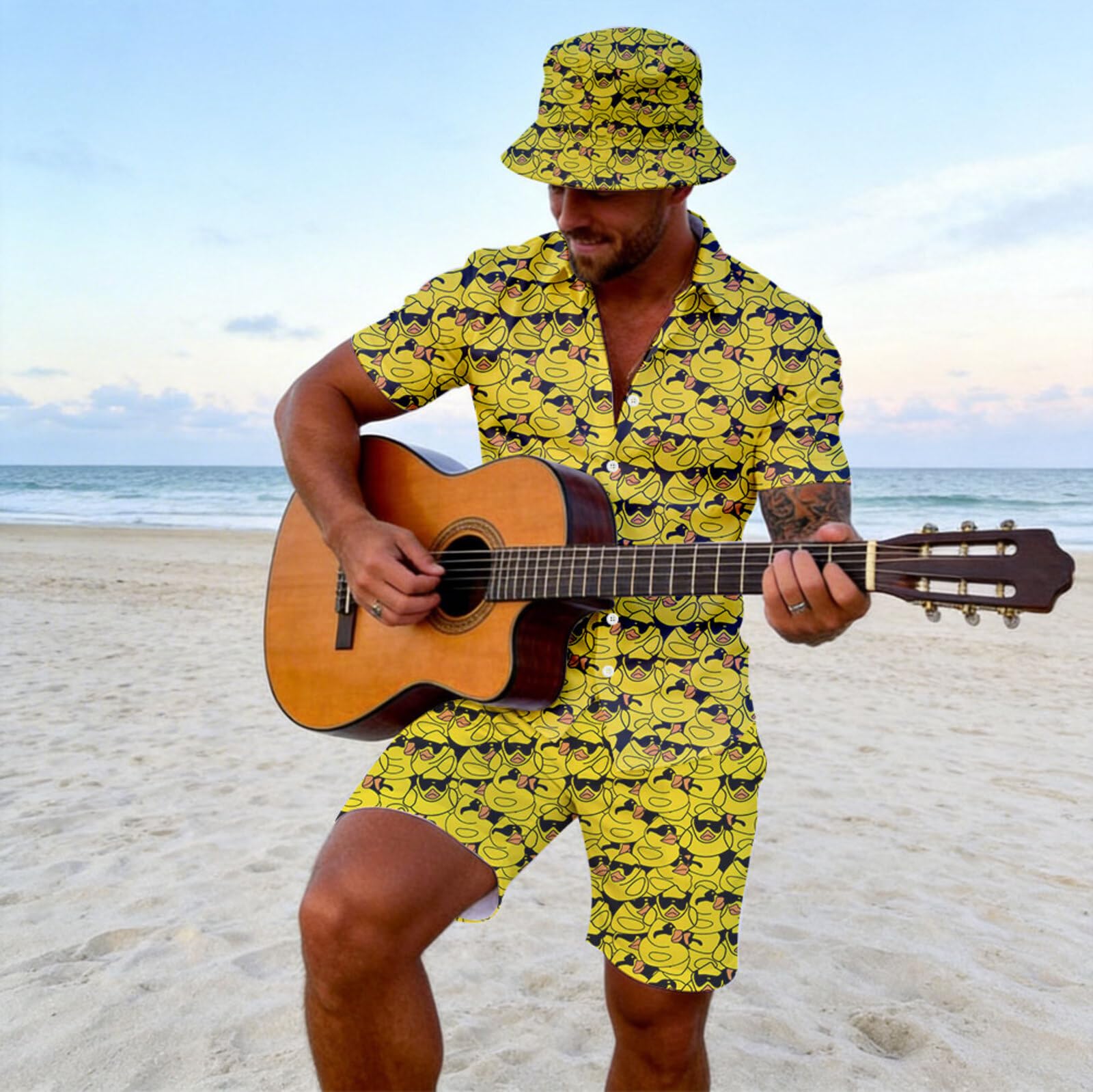 Wdpsuxin Mens Sunglasses Rubber Duck 2 Piece Short Set Hawaiian Button Down Shirt And Compression Liner 2 In 1 Shorts Sets With Bucket Hats Large