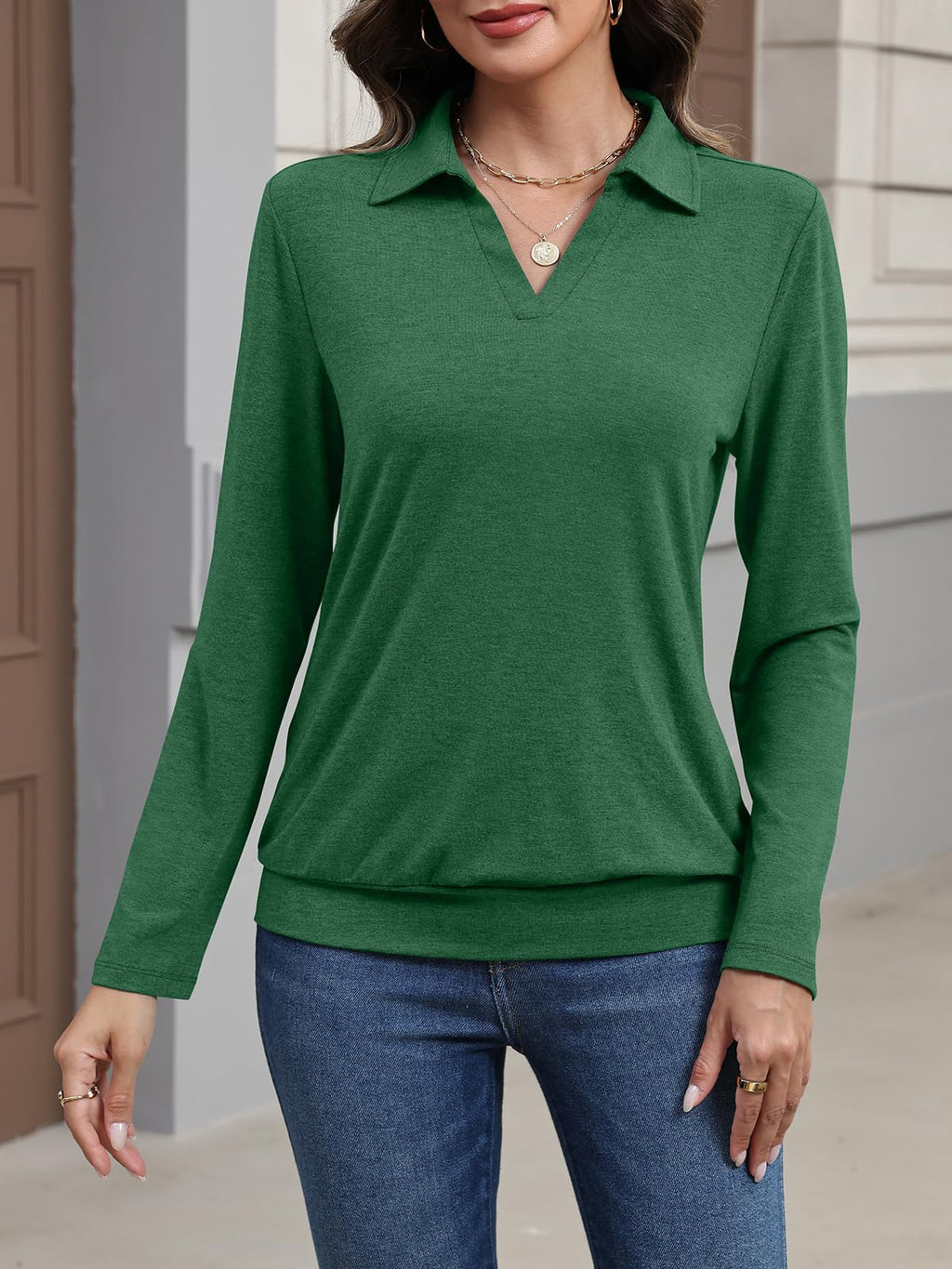 TICTICMISS Womens Polo Shirts Long Sleeve Banded Bottom Tops Business Casual Tops Collared V Neck Blouses Green