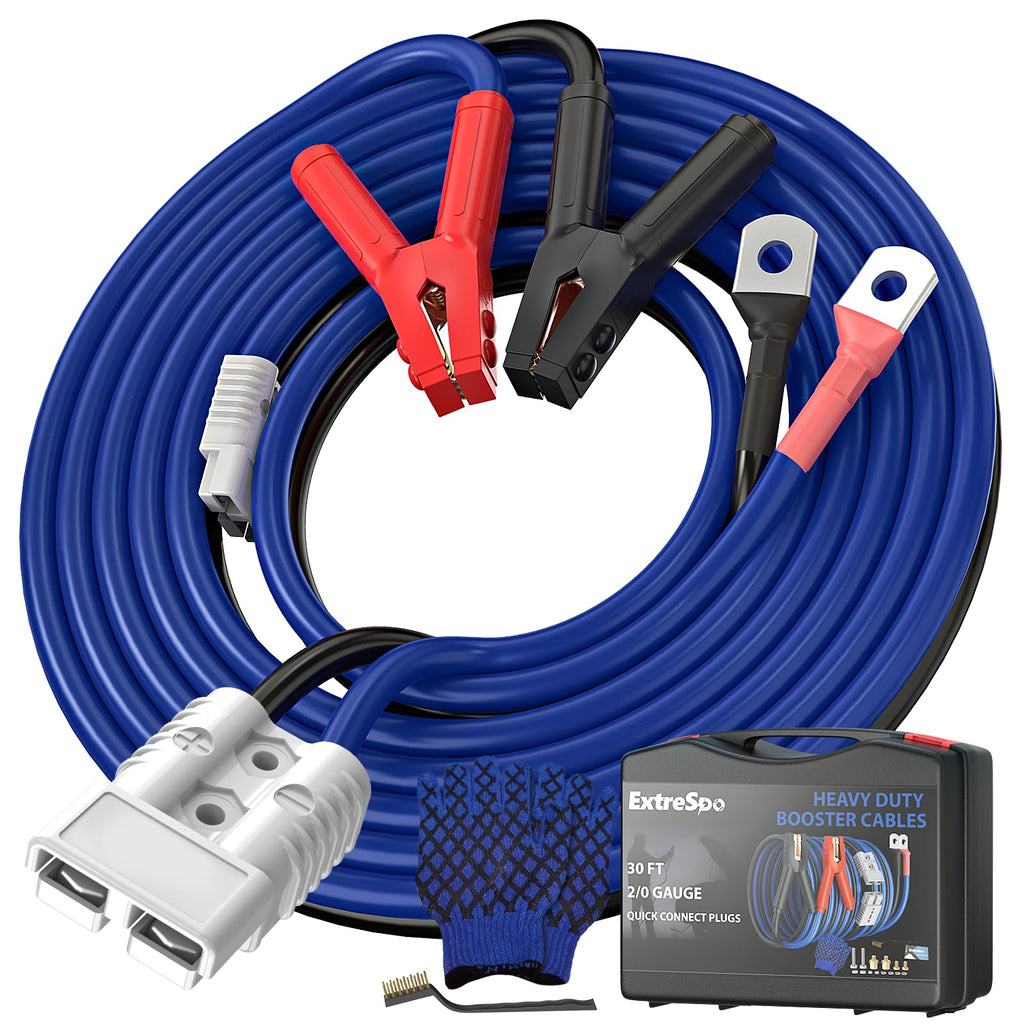 EXTRESPO 2/0 Gauge 30 FT Heavy Duty Jumper Cables, 1500Amp Quick Connect Booster Cables for 12V & 24V Cars, SUVs and Trucks, Kit with Carry Case, Gloves, Brushes