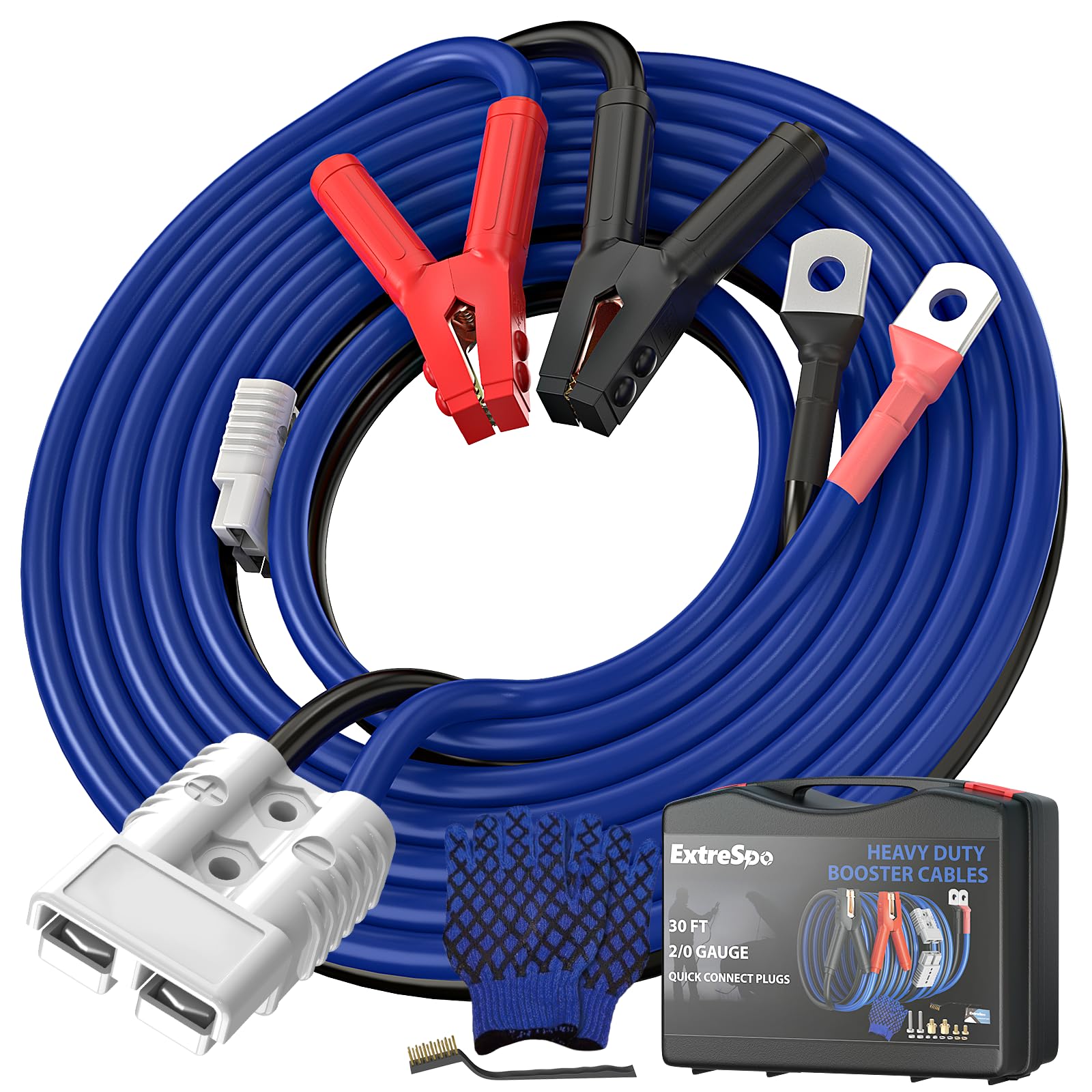 EXTRESPO 2/0 Gauge 30 FT Heavy Duty Jumper Cables, 1500Amp Quick Connect Booster Cables for 12V & 24V Cars, SUVs and Trucks, Kit with Carry Case, Gloves, Brushes