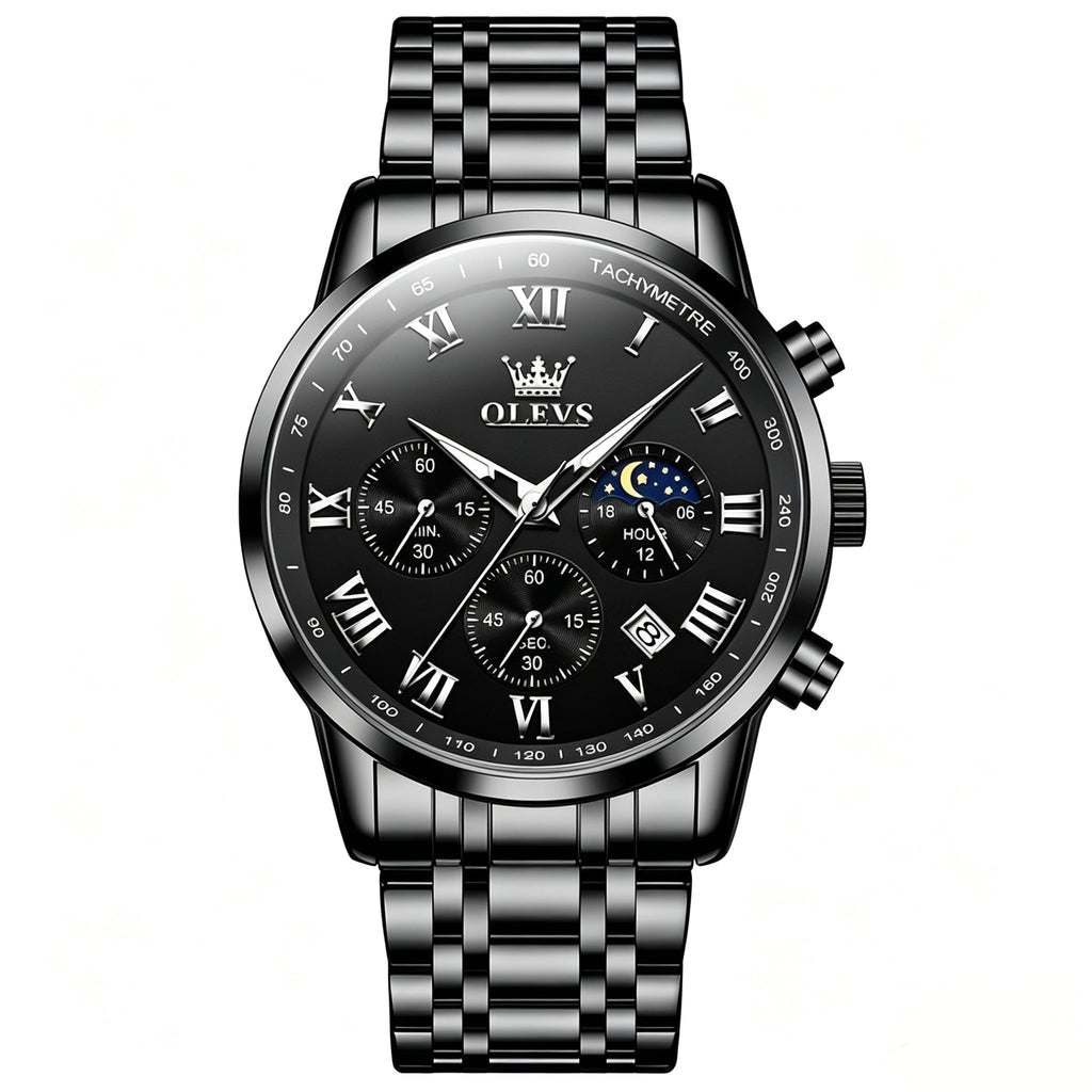 OLEVS Watch Men Luxury Black Watches for Men Dress Luminous Waterproof Analog Quartz Mens Watches with Date Fashion Stainless Steel Large Face Chronograph Moon Phase Classic Wrist Watch for Man