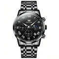 OLEVS Watch Men Luxury Black Watches for Men Dress Luminous Waterproof Analog Quartz Mens Watches with Date Fashion Stainless Steel Large Face Chronograph Moon Phase Classic Wrist Watch for Man